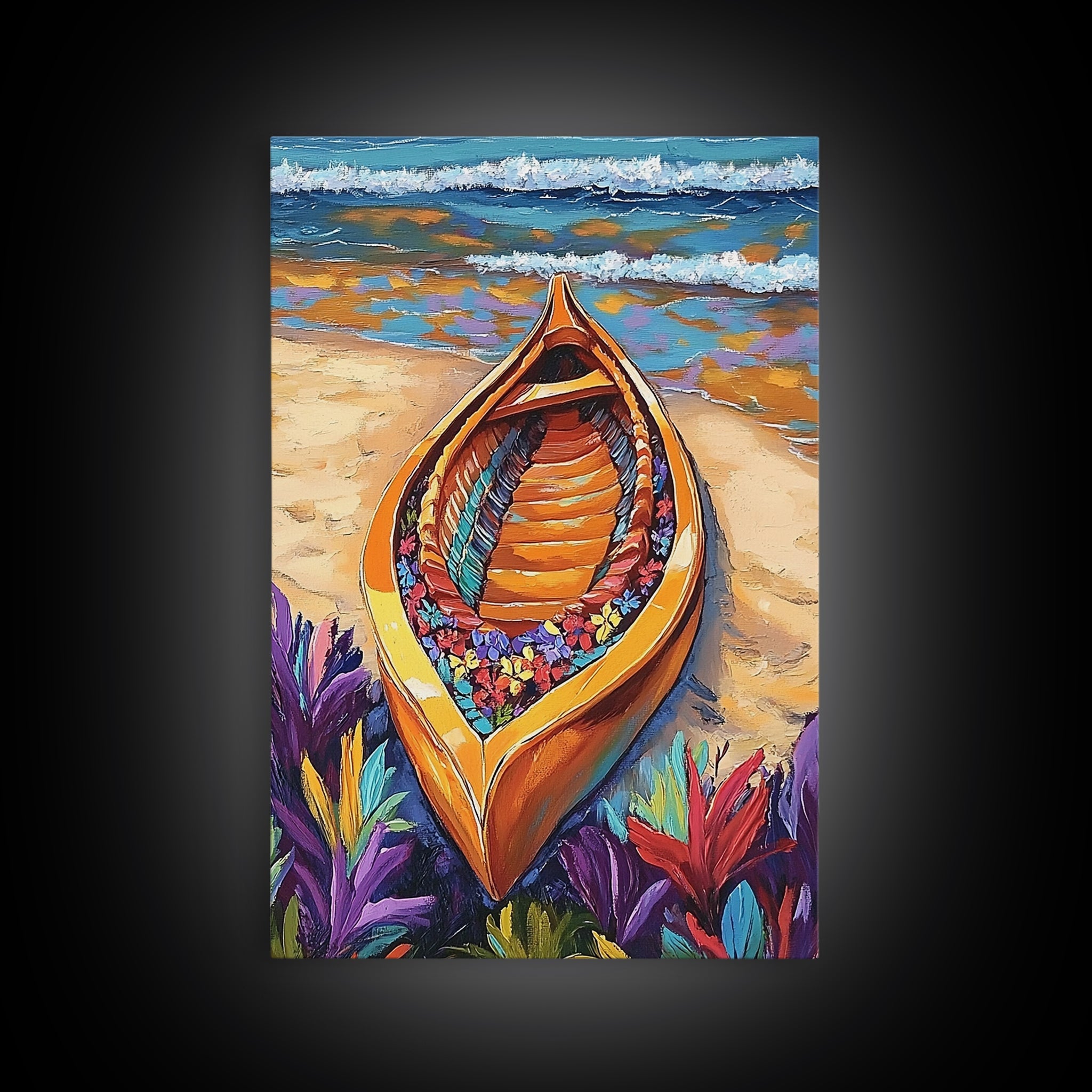 Flower Boat, Beach Magic, Vibrant Seashore, Tropical Joy, Canvas Print, Bathroom Wall Art, Nautical Decor, Bold Beach Colors, Boho Art