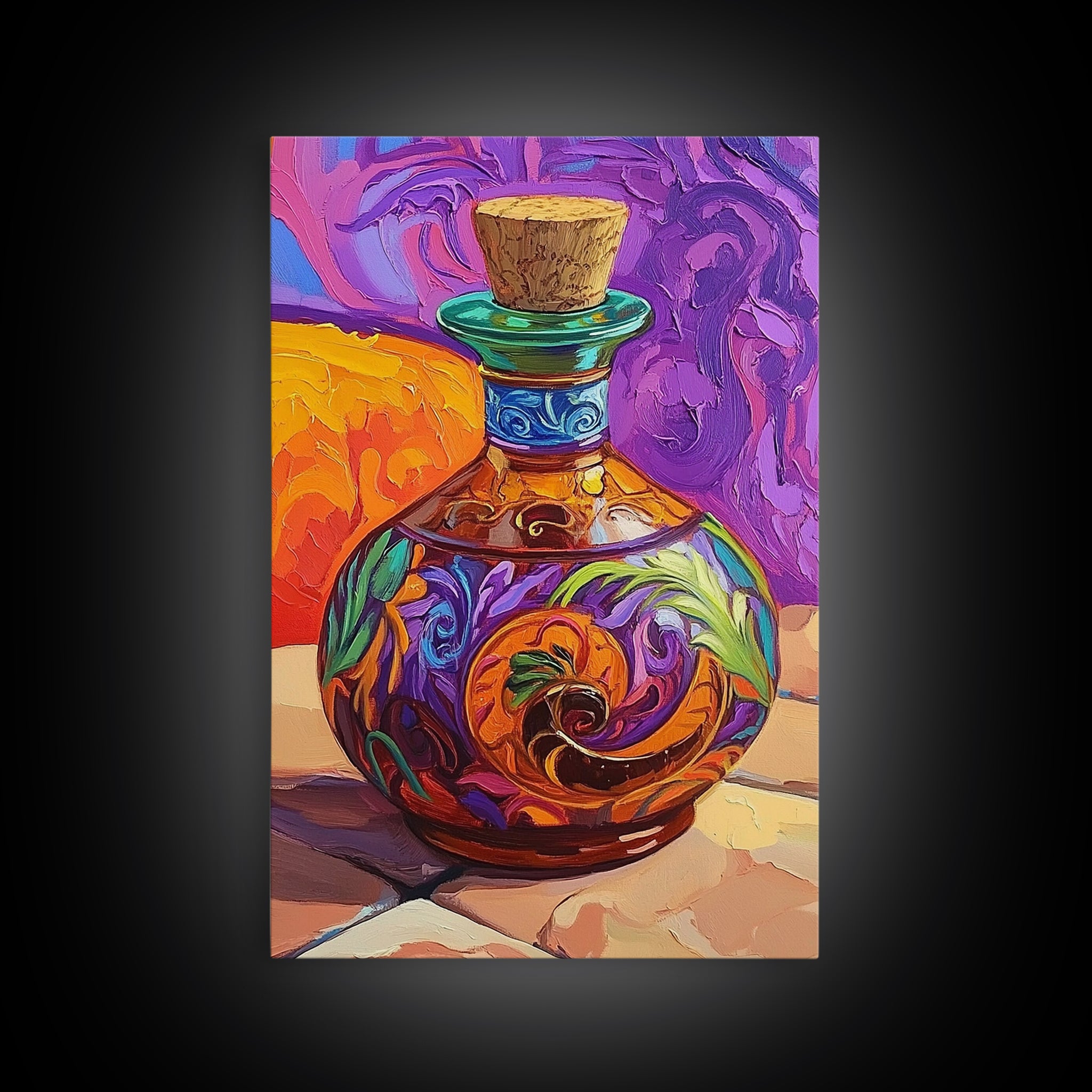 Ornate Potion Bottle, Fantasy Glass Art, Vibrant Color Decor, Framed Canvas Print, Whimsical Kitchen Wall Art, Magic Home Accent