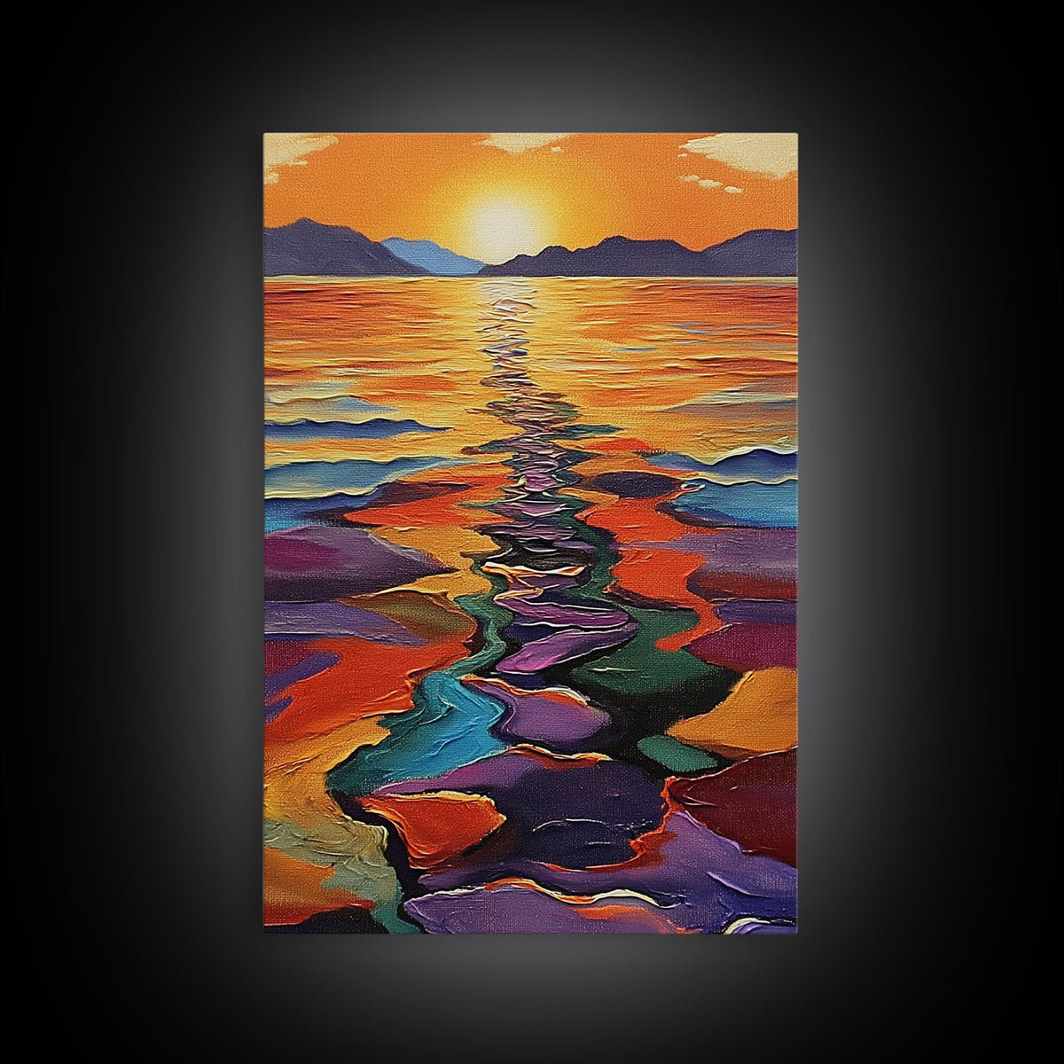 Sunset Reflection, Colorful Waters, Abstract Shoreline, Mountains — Framed Canvas Print modern abstract beach painting, bold hallway decor | | Wiccan Center