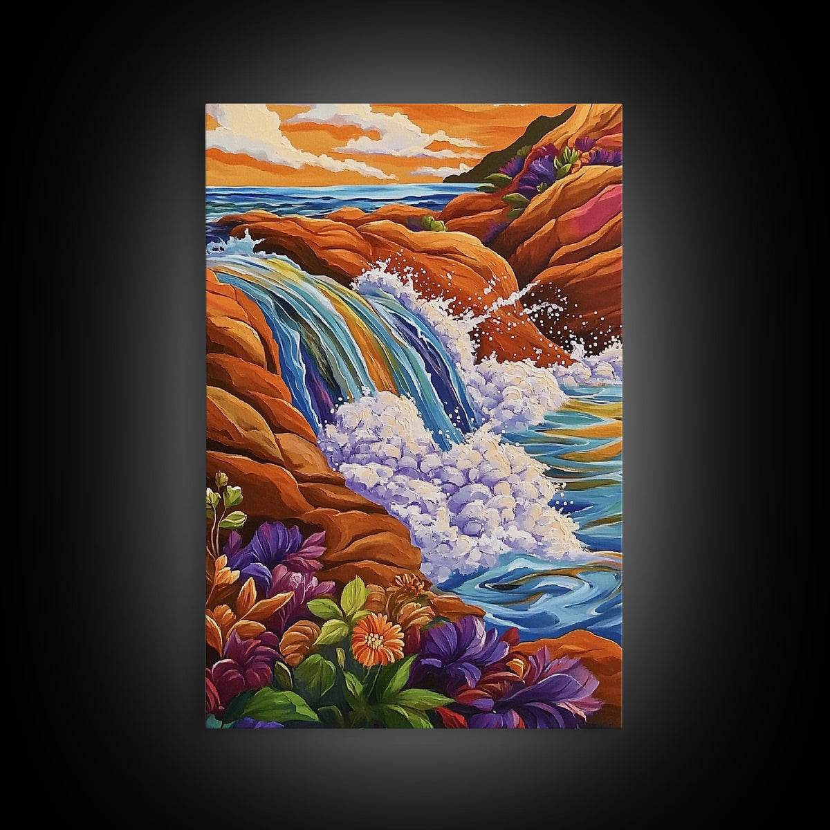 Coastal Waterfall, Ocean Rocks, Tropical Seascape, Sunset Art, Framed Canvas Print bathroom decor, beach lovers gift, colorful nature art | | Wiccan Center