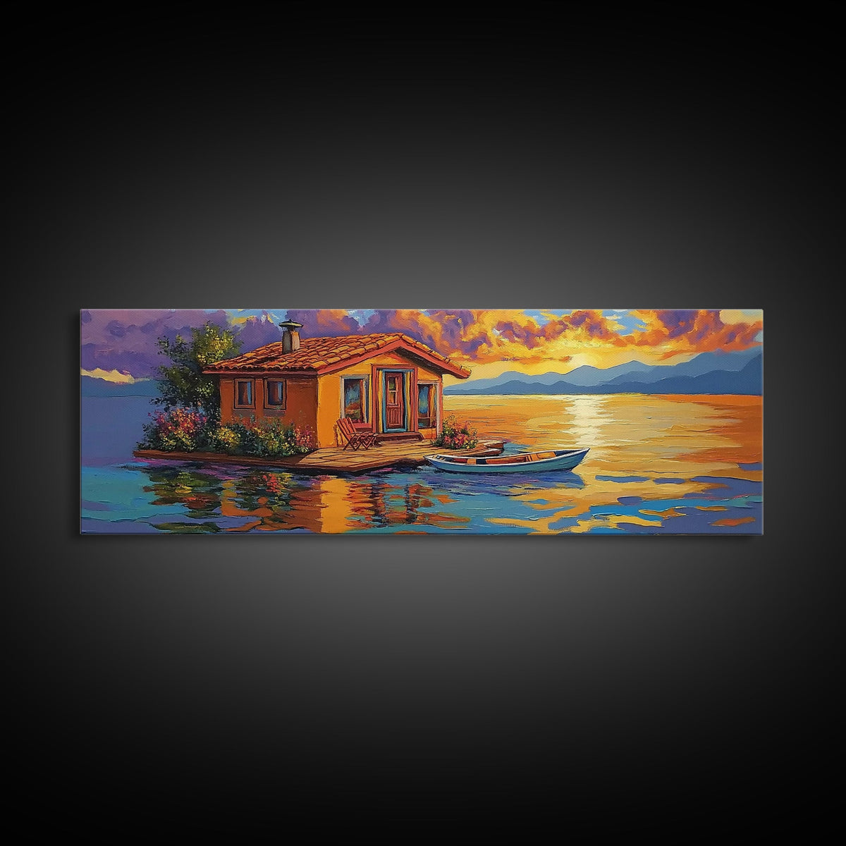 Floating Home, Lake Sunset, Tranquil Retreat, Framed Canvas Print, peaceful wall art, waterfront decor, lakehouse artwork | | Wiccan Center