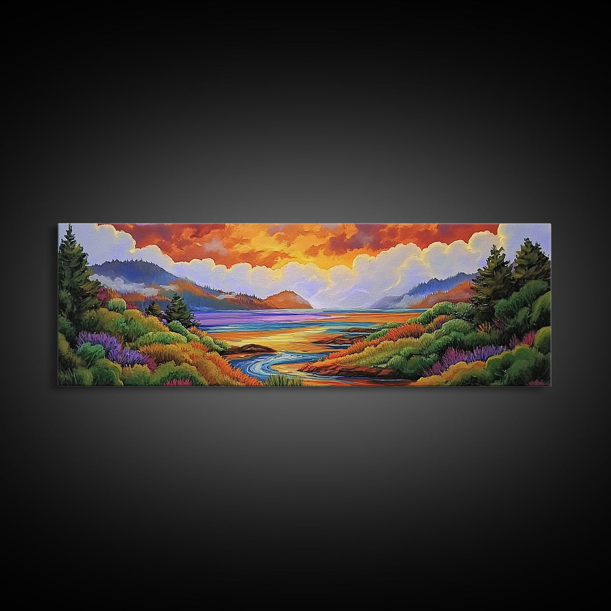 Sunset Lake Scene, Mountain View Art, Tranquil Waterscape Landscape, Framed Canvas Print, Nature Office Decor, Living Room Art | | Wiccan Center