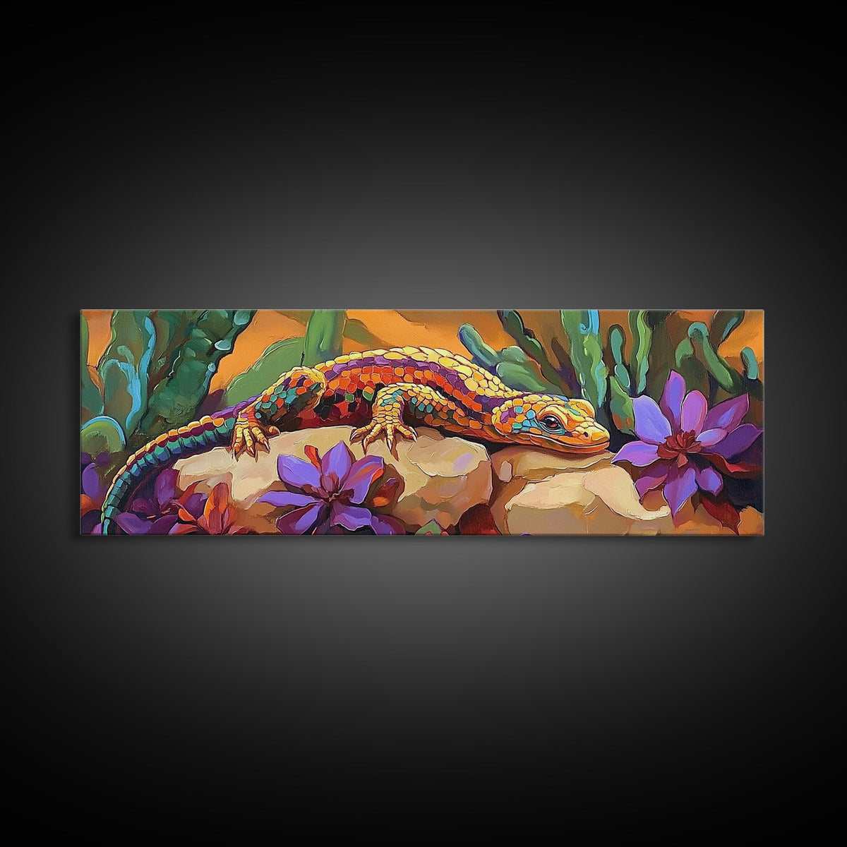 Vibrant Lizard Art, Desert Gecko Painting, Succulent Garden Colors, Framed Canvas Print, Eclectic Kitchen Wall Decor, Animal Art