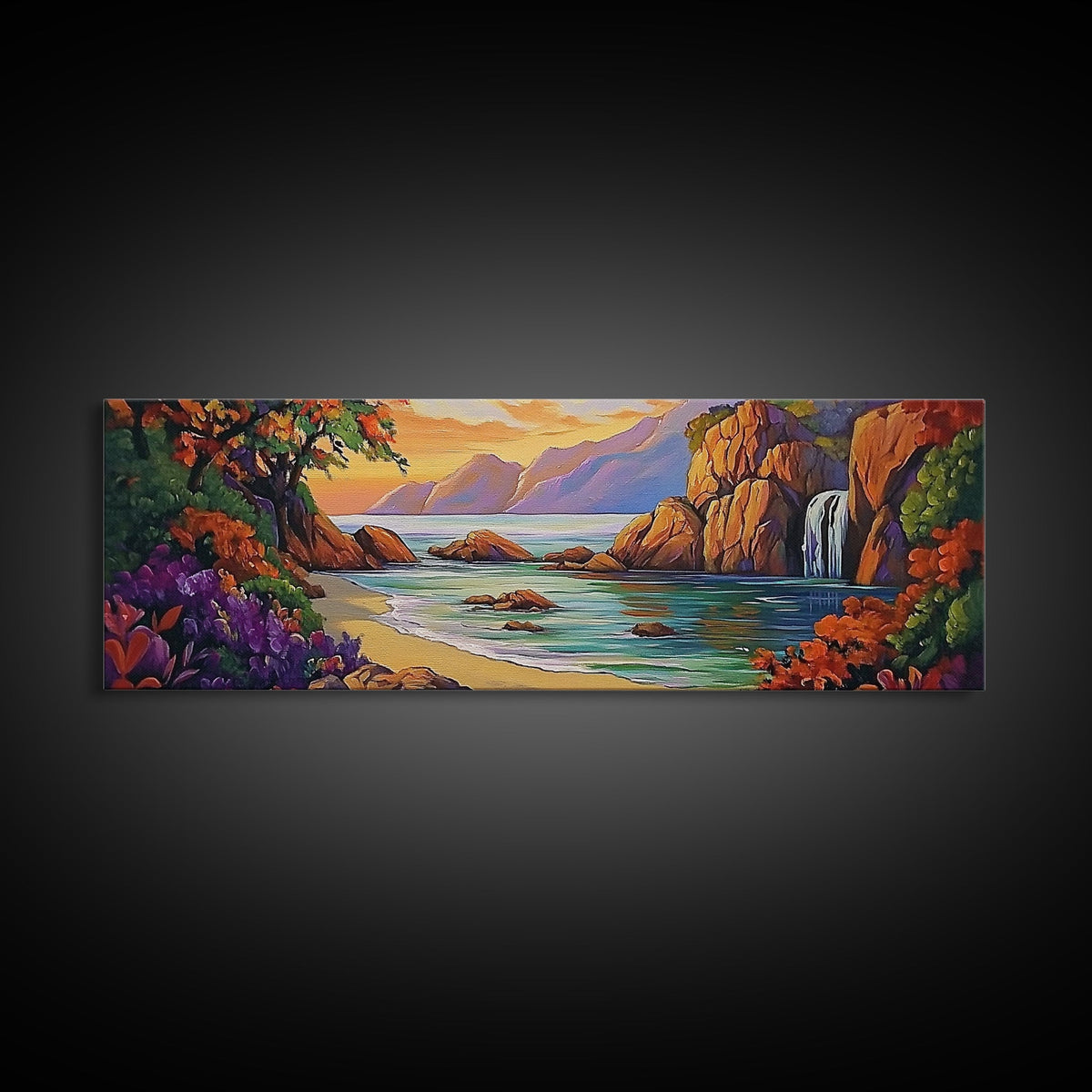 Waterfall Cove, Sunset Seascape, Tropical Paradise, Nature Retreat, Framed Canvas Print, Bathroom Wall Art, Vibrant Coastal Art | | Wiccan Center