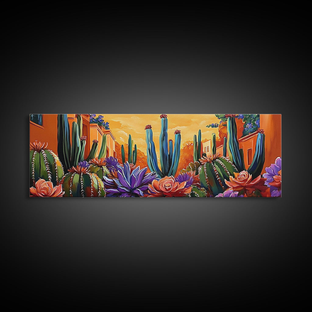 Desert Garden Magic, Colorful Cactus Landscape, Urban Nature Art, Framed Canvas Print, Living Room Southwest Decor, Boho Sunset Wall Art | | Wiccan Center