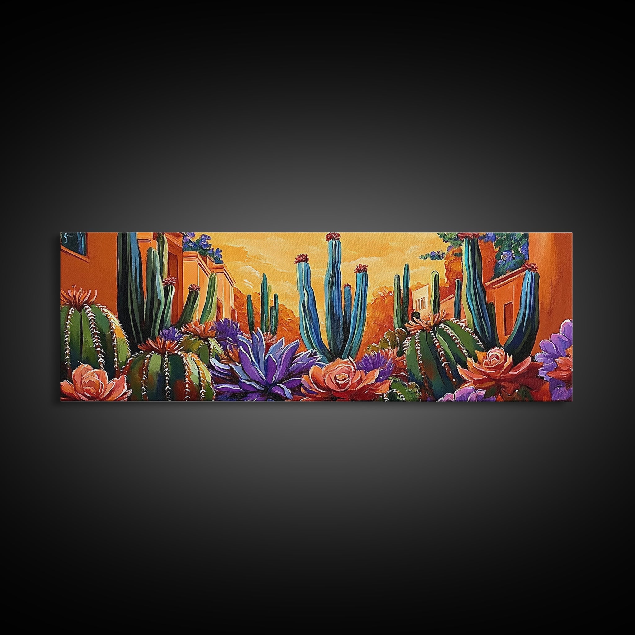 Desert Garden Magic, Colorful Cactus Landscape, Urban Nature Art, Framed Canvas Print, Living Room Southwest Decor, Boho Sunset Wall Art