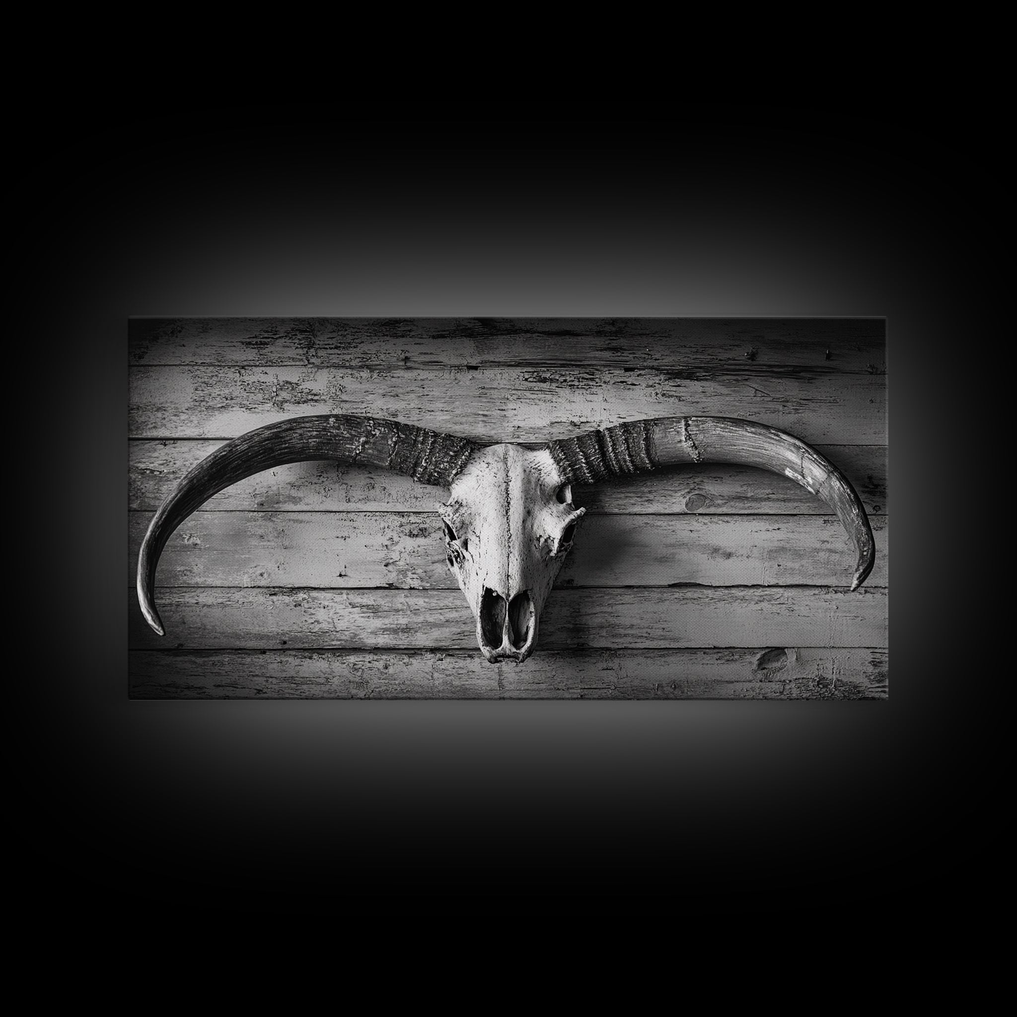 Bull Skull, Rustic Horns, Western Cabin Decor, Weathered Wood, Framed Canvas Print, Farmhouse Wall Art, Cowboy Office Decor, Rustic Wall Art | | Wiccan Center