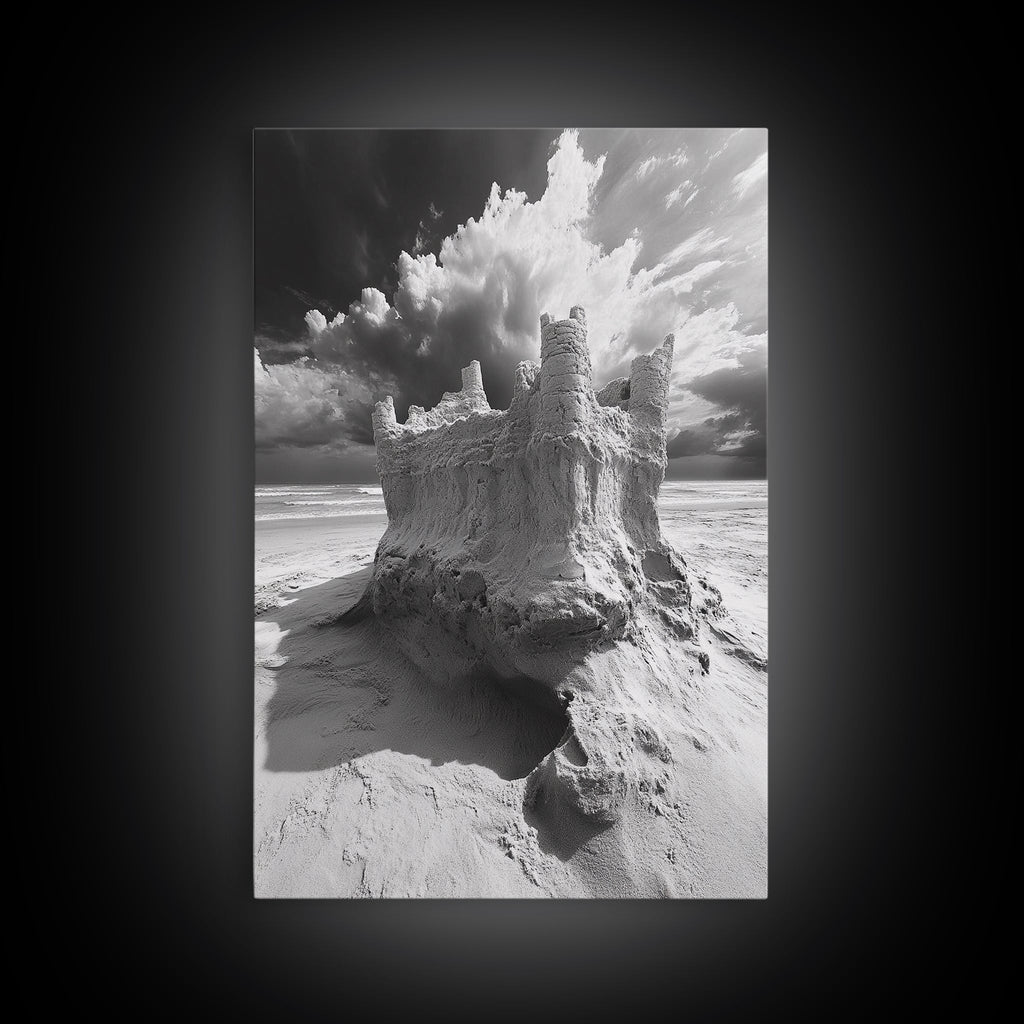 Sand Castle, Beach Fantasy, Dramatic Sky, Coastal Fortress, Framed Canvas Print, whimsical decor, kids room wall art, fairytale beach scene | | Wiccan Center