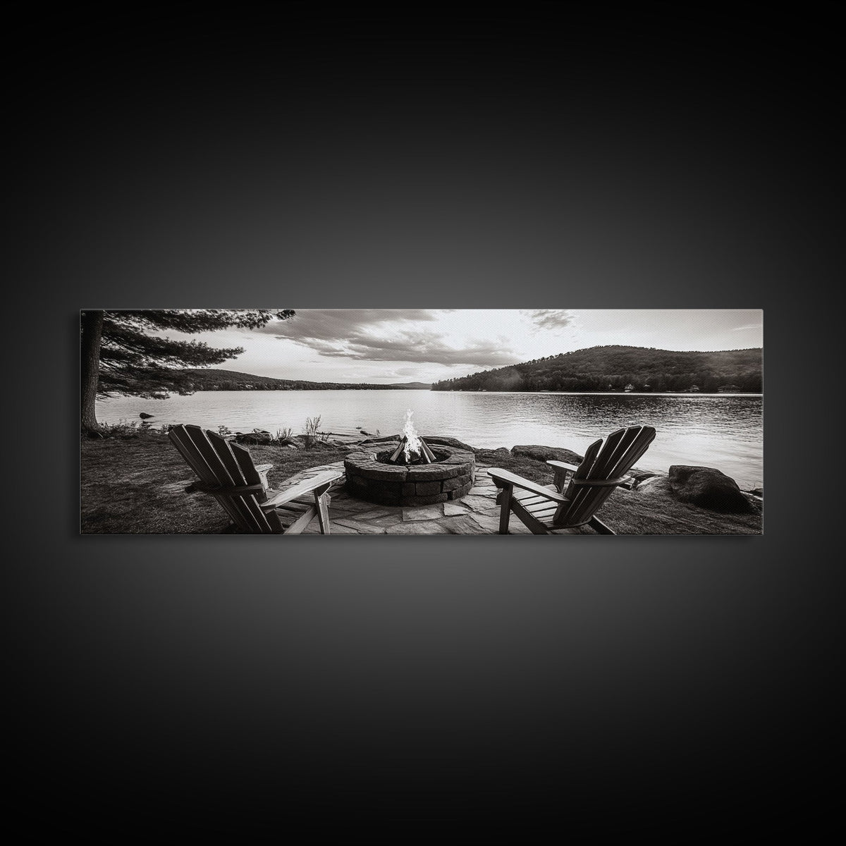Lakeside Fire Pit, Adirondack Chairs, Mountain Retreat, Framed Canvas Print, Fall Cabin Wall Art, Rustic Living Room Decor, Cozy Mood | | Wiccan Center