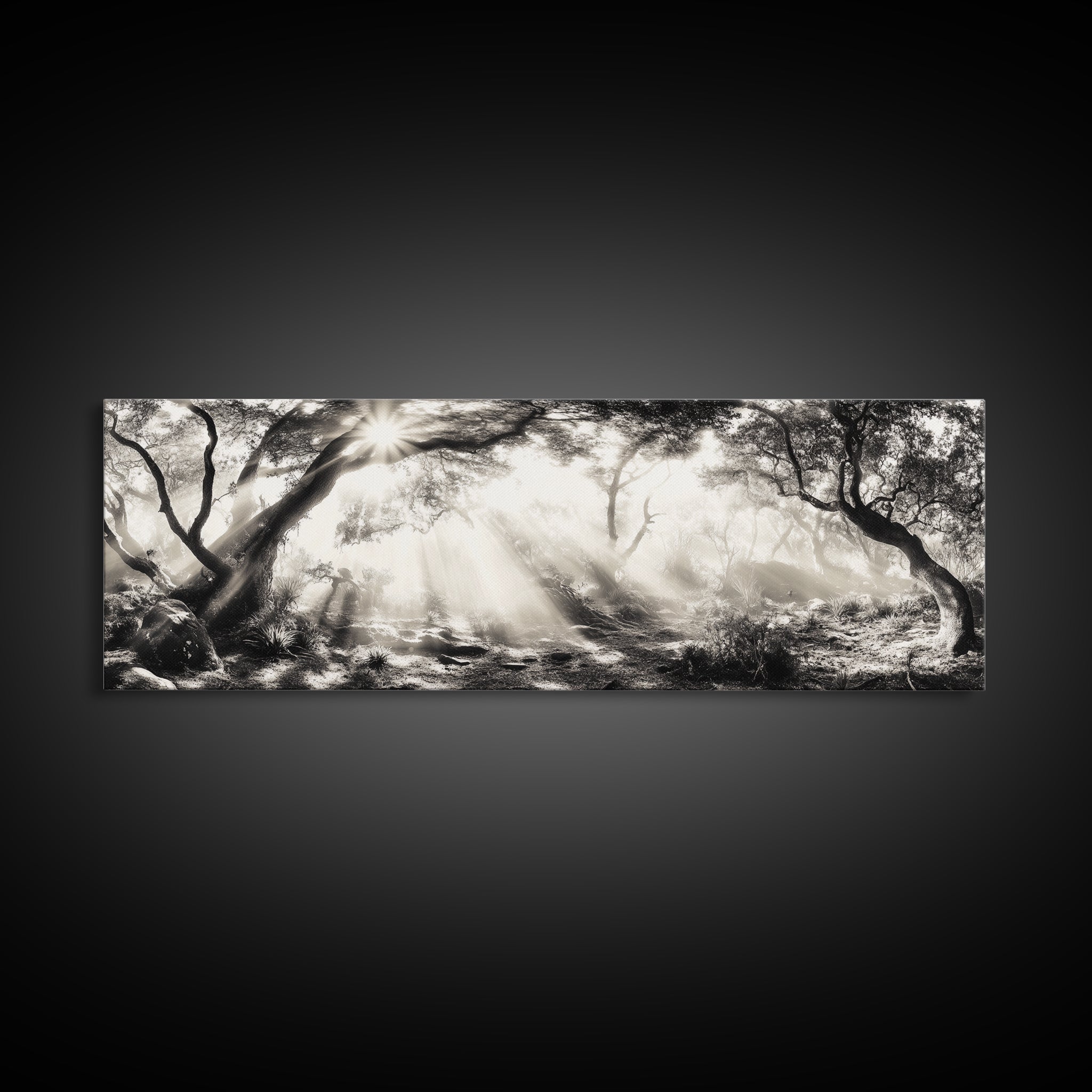 Enchanted Forest, Sunlight Rays, Dreamy Woodland, Framed Canvas Print, boho nature decor, spiritual wall art, bedroom forest scene