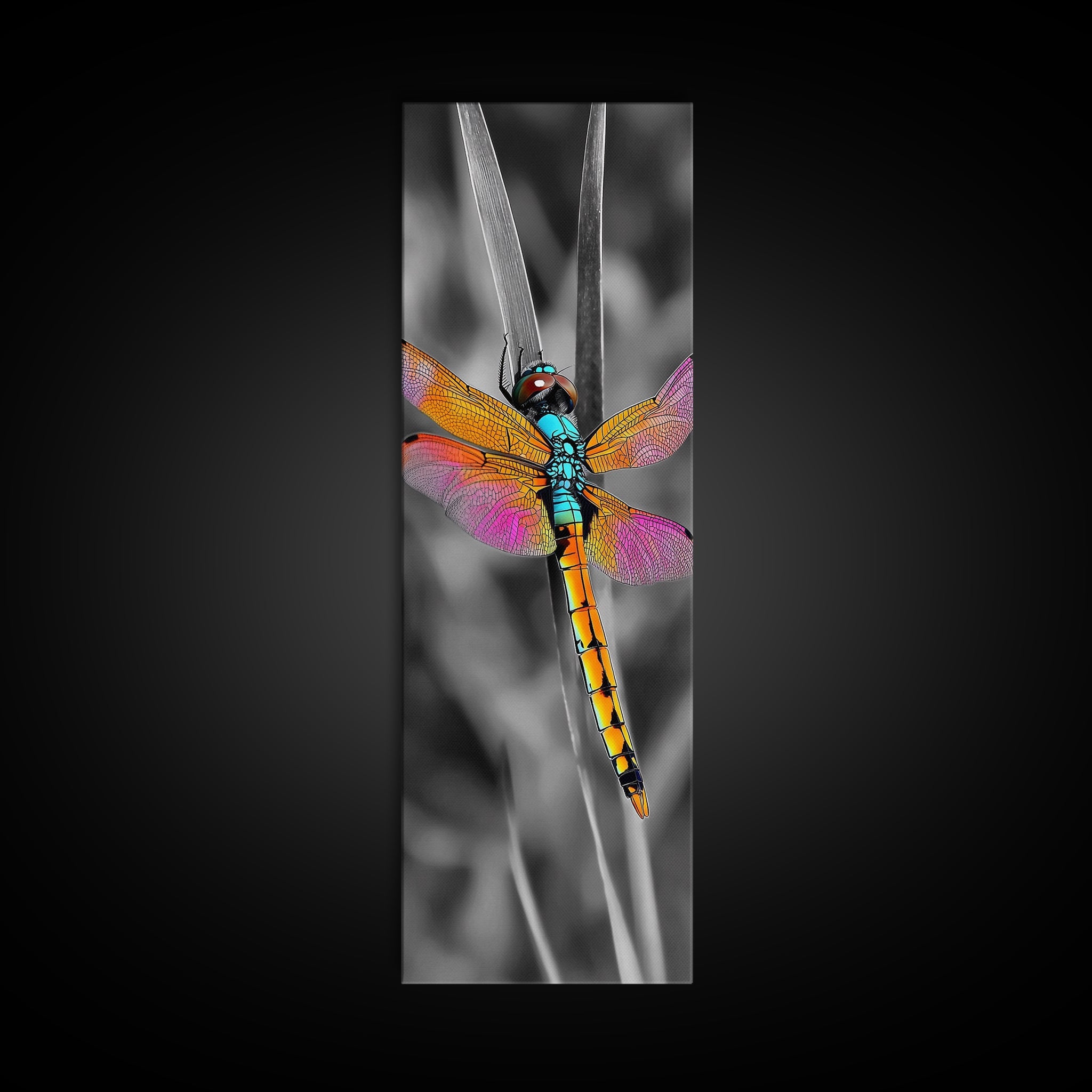 Vibrant Dragonfly, Garden Magic, Wing Detail, Nature Art – Framed Canvas Print, Living Room Wall Art, Botanical Decor, Color Pop Artwork