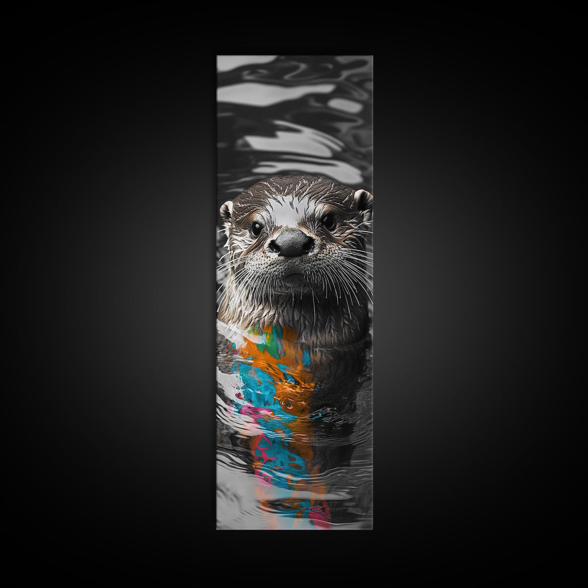 Otter Portrait, Water Reflection, Color Splash, Framed Canvas Print, Bathroom Wall Art, Modern Nature Decor, Animal Lover Gift
