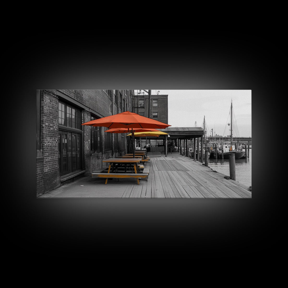 Urban Pier, Red Yellow Umbrellas, Waterfront Dining, Framed Canvas Print, Industrial Decor, Cafe Kitchen Wall Art, Cityscape Photography | | Wiccan Center