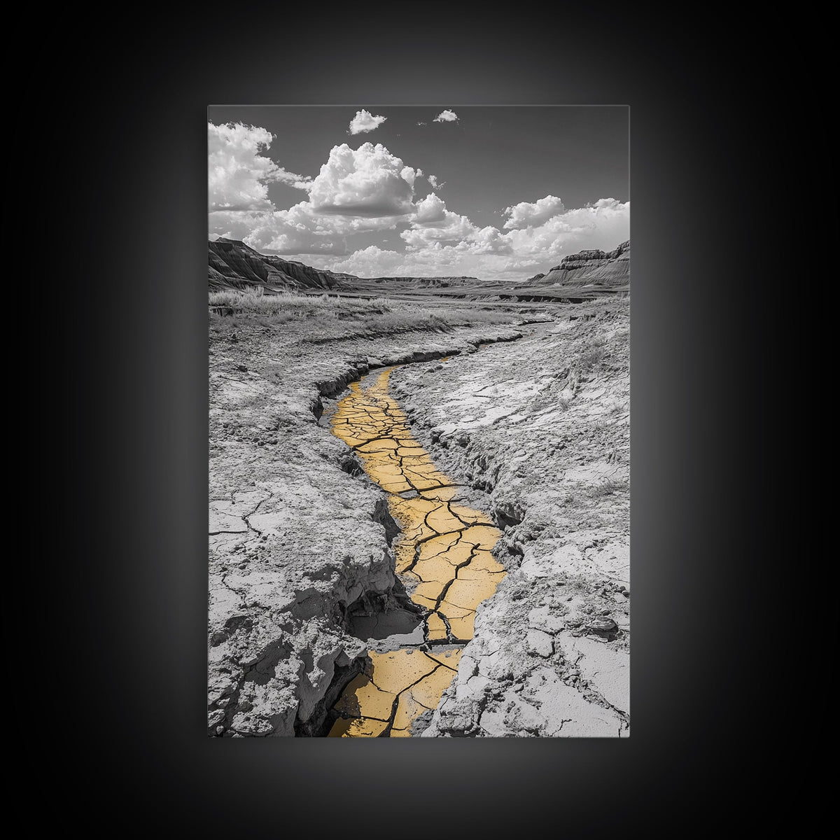 Desert Riverbed, Yellow Crack Trail, Dry Earth Path, Framed Canvas Print, Southwestern Wall Art, Minimalist Nature Decor, Earth Tone Style | | Wiccan Center