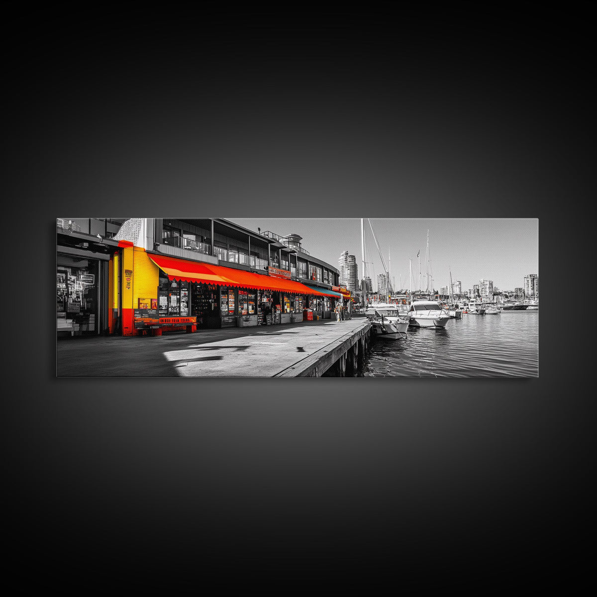 Waterfront Market, Urban Vibes, Boats and Shops, City Harbor — Framed Canvas Print, Kitchen Wall Art, Modern Cityscape, Vibrant Wall Decor | | Wiccan Center