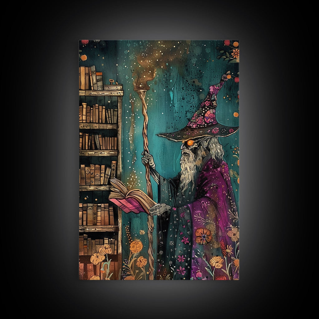 Halloween Eerie Wizard in Haunted Library Framed Canvas Print, Gothic Wall Art, Home Decor, Witchcraft Decor, Gift Idea, Enchanted Study | | Wiccan Center