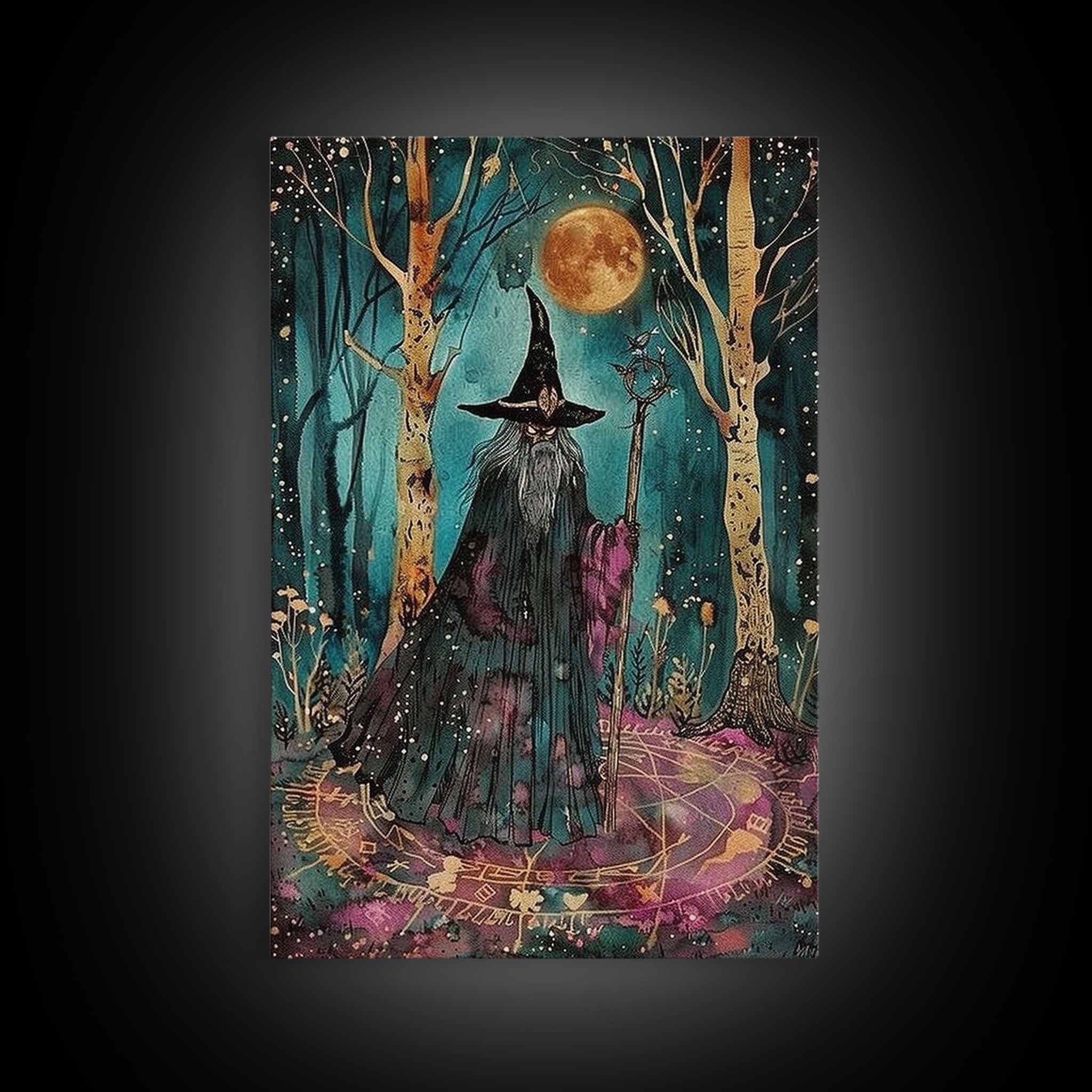 Halloween Wizard in Forest, Framed Canvas Print, Wall Art, Home Decor, Spooky Artwork, Magic Decor, Halloween Decor Painting, Holiday Decor | | Wiccan Center
