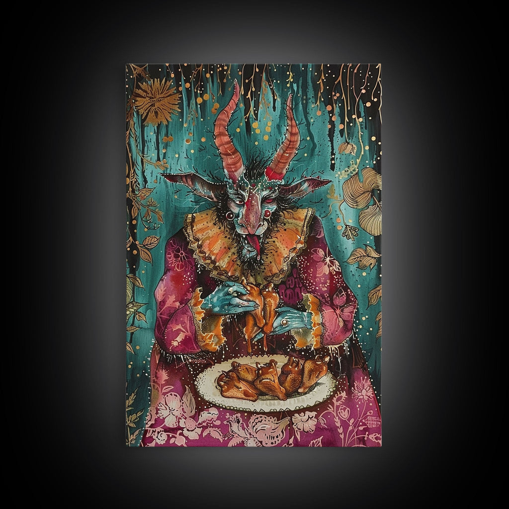 A demon eating some hot wings - hope he didn't sell his soul for them they look pretty good! Halloween Wall Art Framed Canvas | | Wiccan Center
