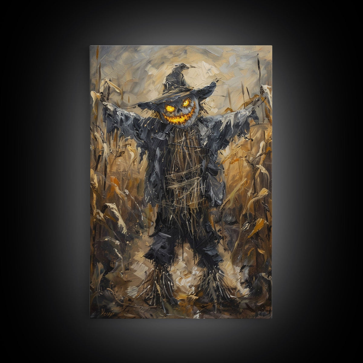 Sinister Scarecrow in Cornfield Framed Canvas Print | Halloween Horror Art | Spooky Farm Art | Creepy Scarecrow Art for Home Decoration | | Wiccan Center