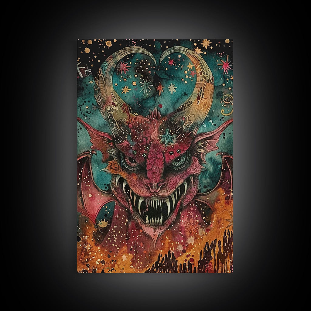 Fantastical Demon with Stars Framed Canvas Print | Halloween Monster Art | Spooky Starry Art | Scary Demon Art for Home Decoration | | Wiccan Center