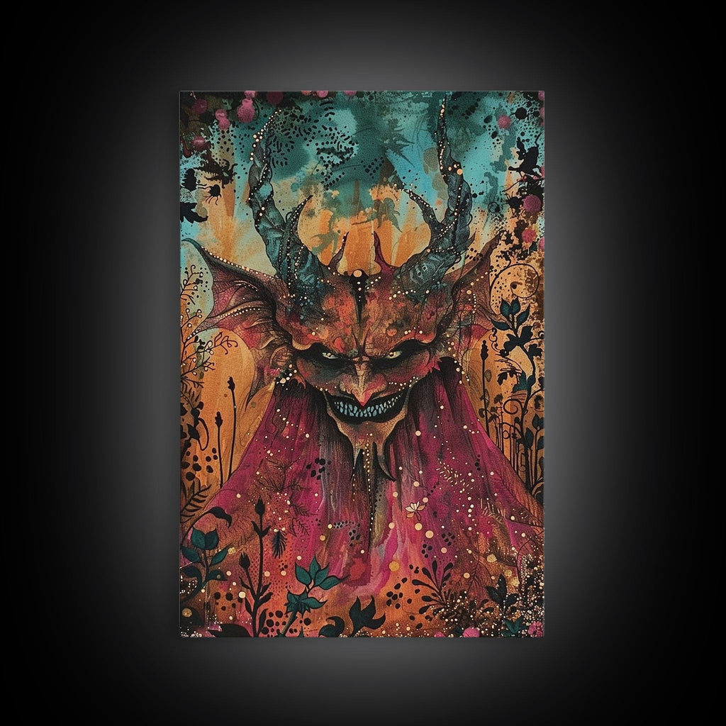 Dark Demon with Menacing Smile Framed Canvas Print, Halloween Art, Creepy Wall Art, Spooky Home Decor, Scary Art, Creepy Living Room Decor | | Wiccan Center