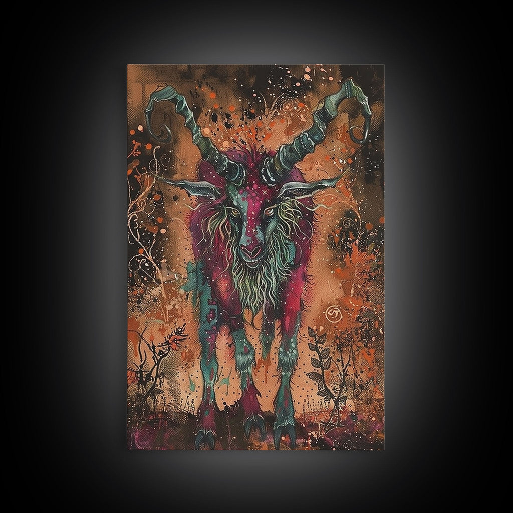 Mysterious Goat Demon Framed Canvas Print, Halloween Art, Unique Wall Art, Spooky Home Decor, Scary Art, Eerie Living Room Decor | | Wiccan Center