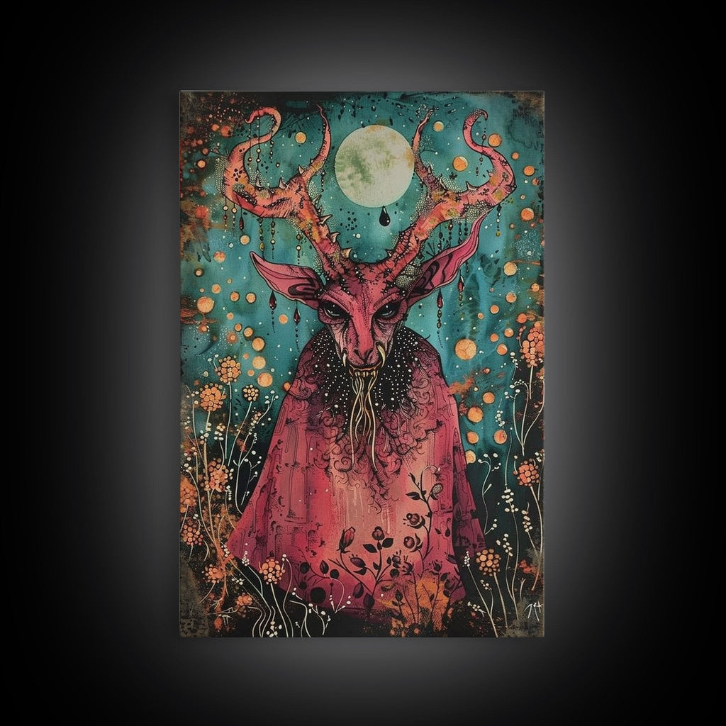 Enchanted Demon Under Full Moon Framed Canvas Print, Halloween Art, Creepy Wall Art, Spooky Home Decor, Art, Haunting Living Room Decor | | Wiccan Center