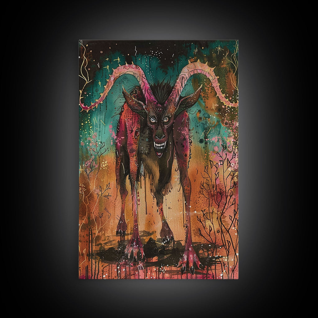 Spooky Goat Demon in the Woods Framed Canvas Print, Halloween Art, Creepy Wall Art Spooky Home Decor, Scary Art Mysterious Living Room Decor | | Wiccan Center