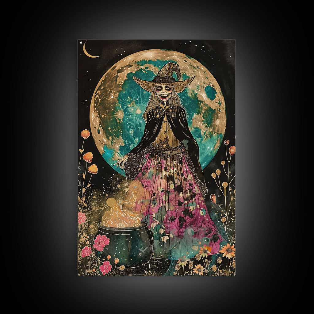 Spooky Witch with Cauldron Under Full Moon Framed Canvas Print | Halloween Witch Art | Witch Decor for Home | Magical Halloween Artwork | | Wiccan Center
