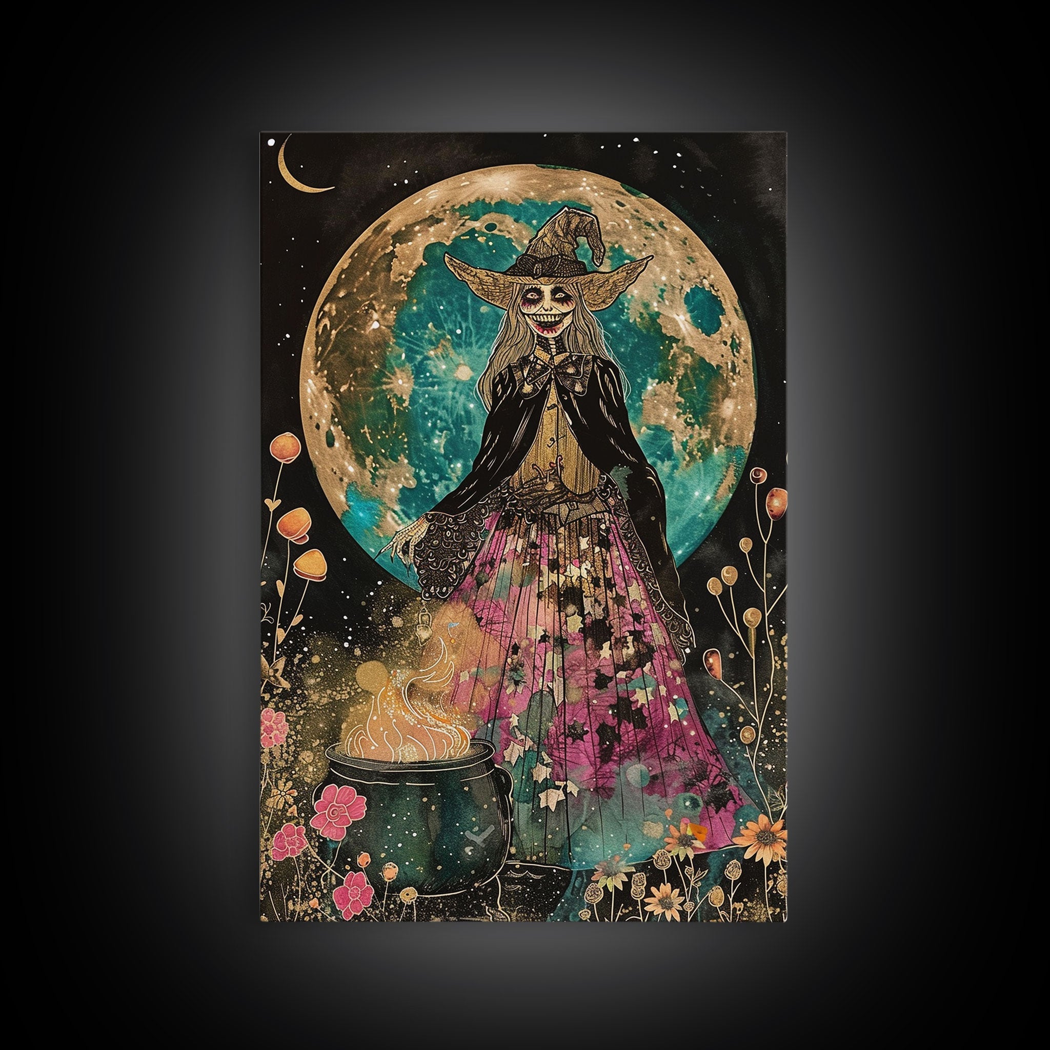 Spooky Witch with Cauldron Under Full Moon Framed Canvas Print | Halloween Witch Art | Witch Decor for Home | Magical Halloween Artwork | | Wiccan Center
