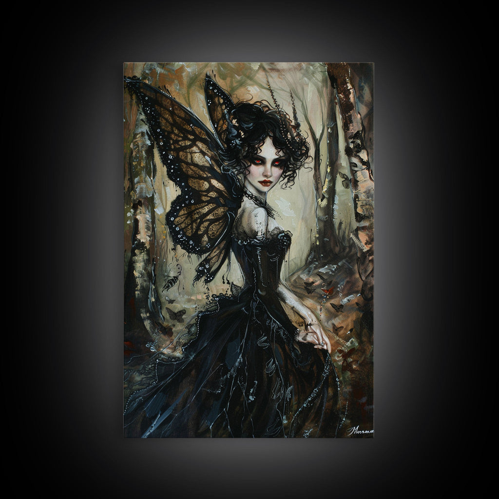 Dark Gothic Fairy with Butterfly Wings| Halloween Wall Art | Spooky Home Decor | Creepy Gothic Fairy Painting | Framed Canvas Print | | Wiccan Center
