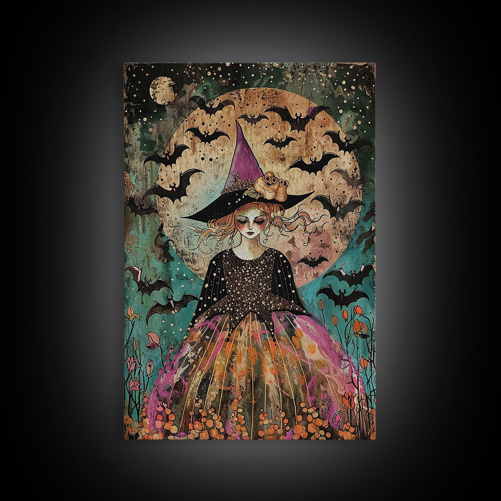 Whimsical Witch with Bats Under Full Moon, Framed Canvas Print, Spooky Halloween Art, Witch Decor, Magical Night, Enchanted Home Decor | | Wiccan Center
