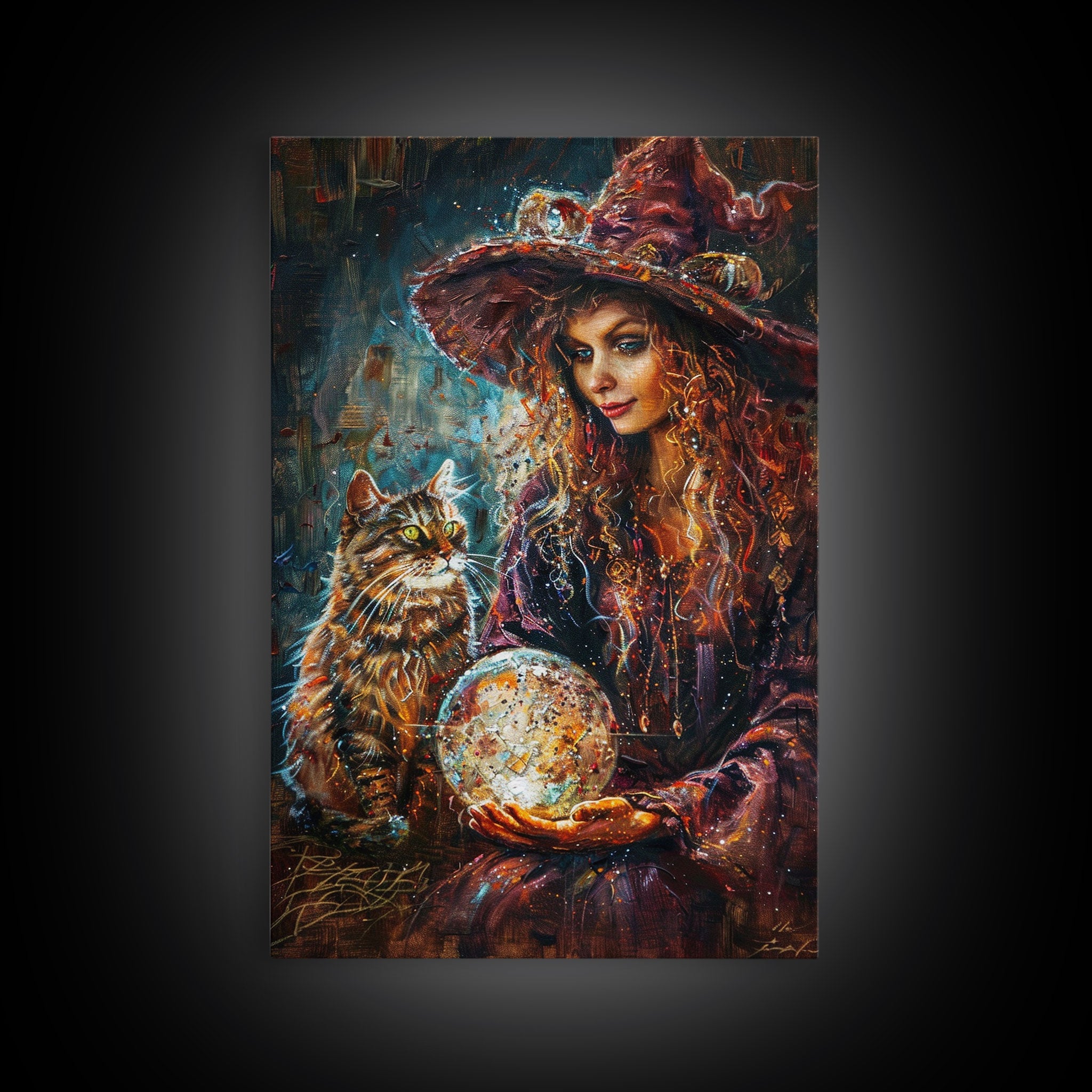 Enchanting Witch with Crystal Ball, Framed Canvas Print, Mystical Halloween Art, Spooky Witch Decor, Witchcraft Illustration, Magical Decor | | Wiccan Center