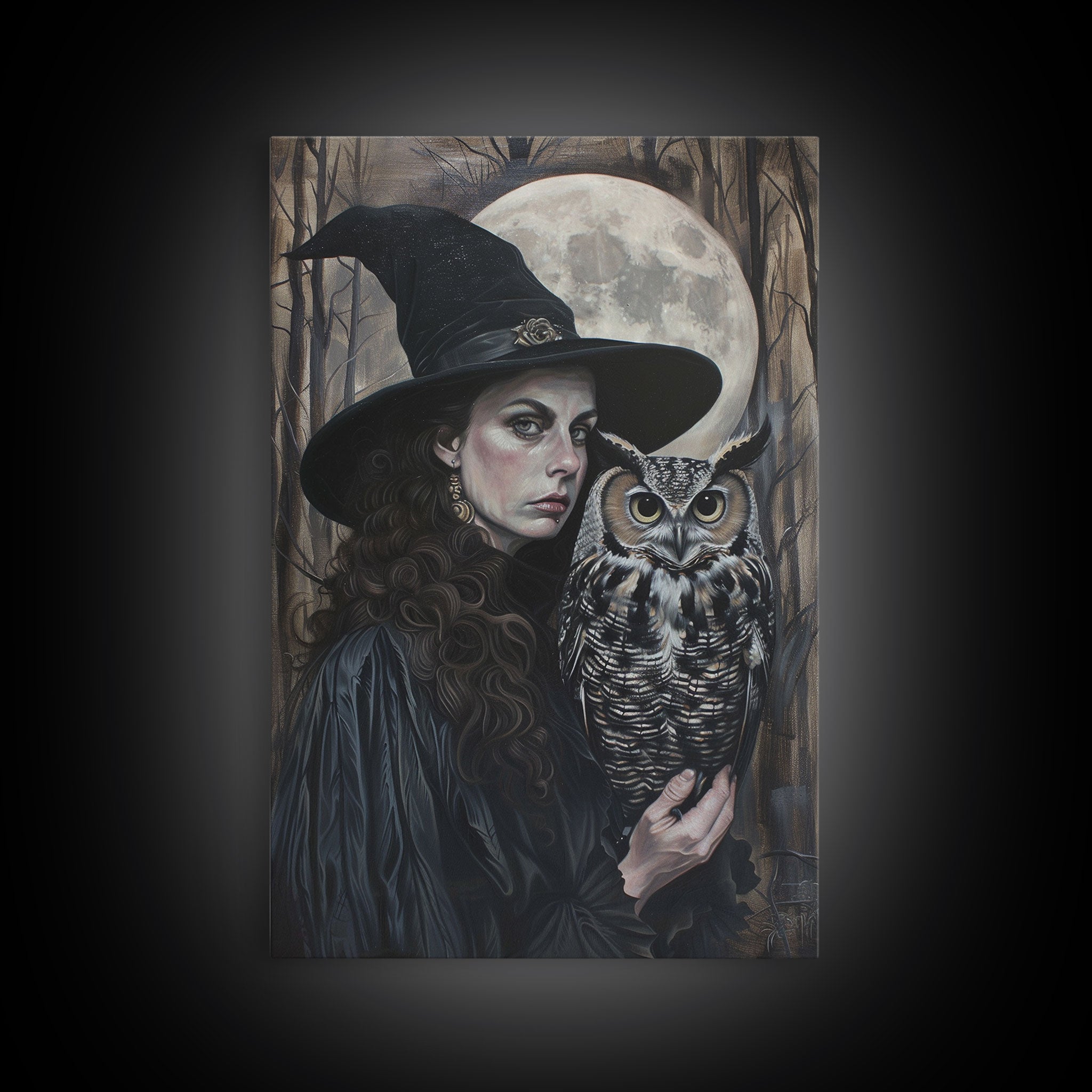 Witch with Wise Owl Under Full Moon, Framed Canvas Print, Mystical Witchcraft Art, Witch and Owl, Spooky Home Decor, Halloween Wall Art | | Wiccan Center