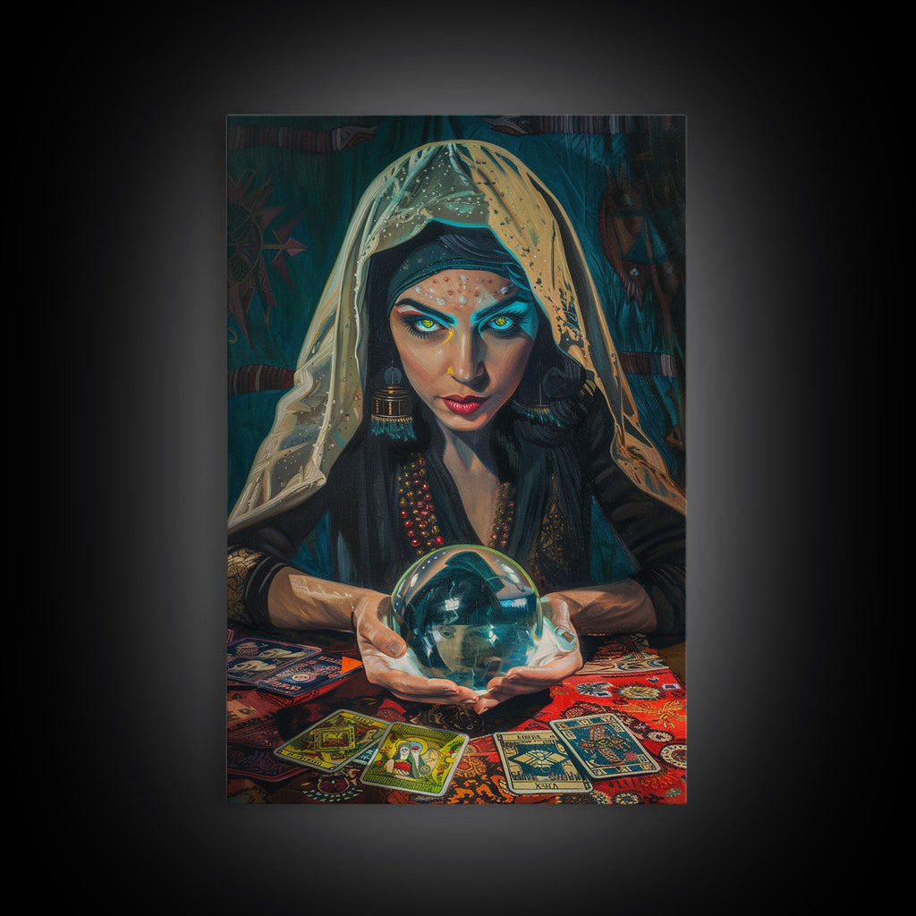 Enchanting Fortune Teller with Crystal Ball Under Moonlight - Mystical Witchcraft Framed Canvas Print, Halloween Gothic Home Decor | | Wiccan Center