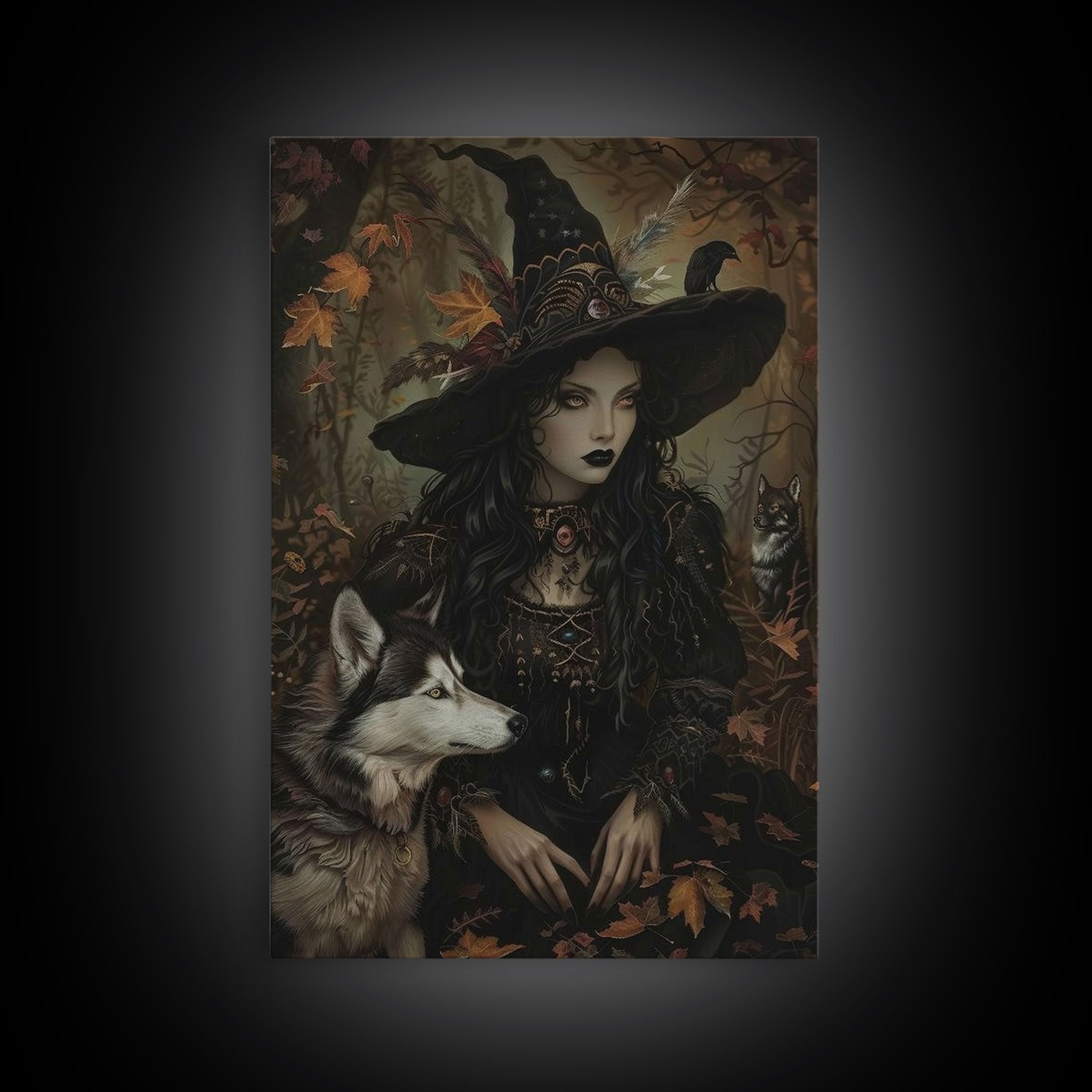 Witch with Wolves in Enchanted Forest - Dark Sorcery Mystical Art Framed Canvas Print, Halloween Gothic Decor | | Wiccan Center