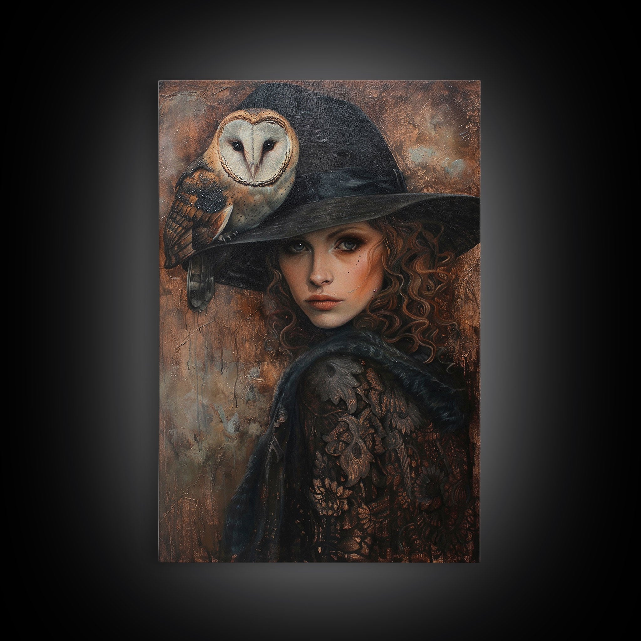 Witch with Crow in Spooky Forest - Halloween Art, Gothic Art, Spooky Decor, Dark Magic Art, Mysterious Portrait, Framed Canvas Print | | Wiccan Center