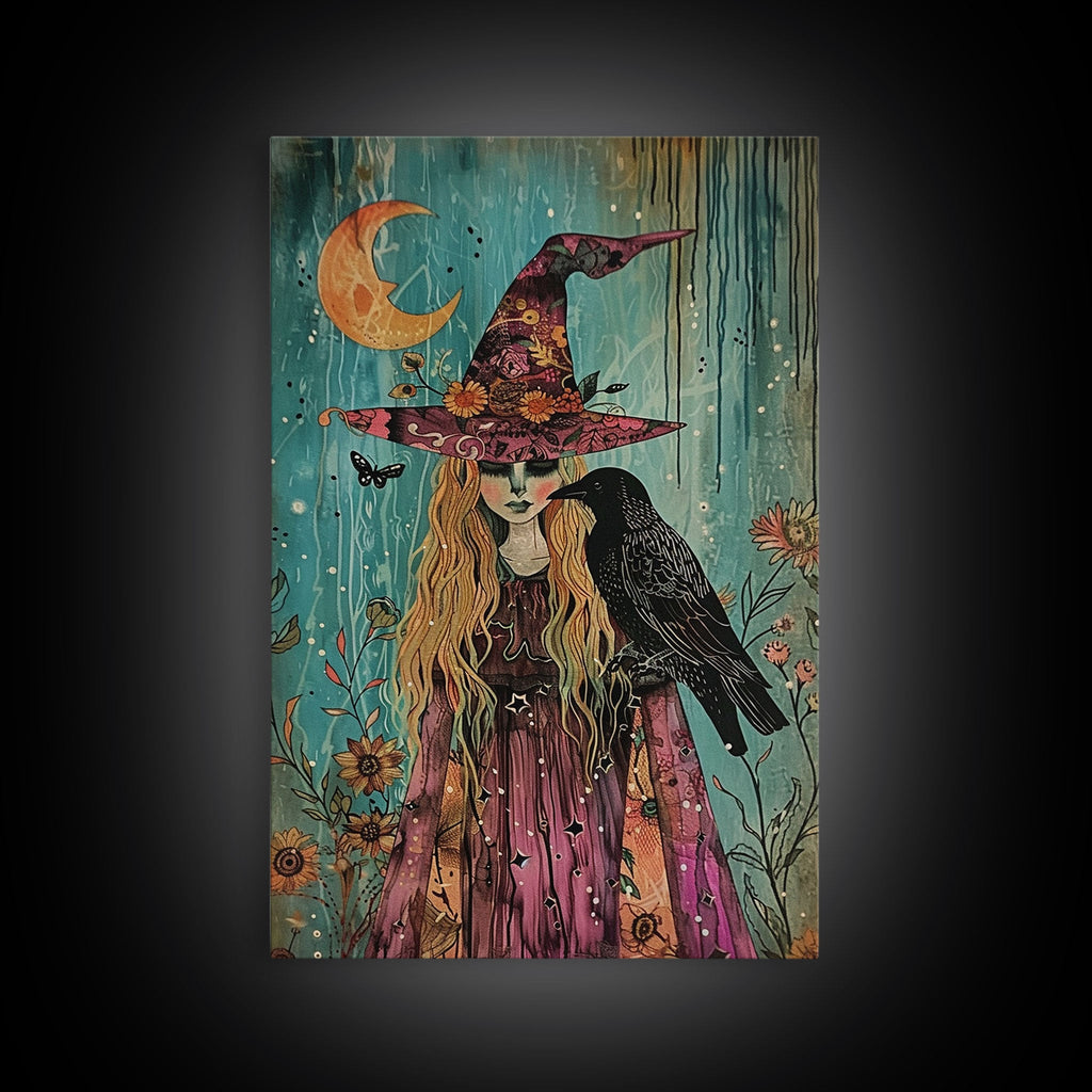 Witch with Owl in Magical Forest - Halloween Art, Gothic Art, Spooky Decor, Dark Magic Art, Enchanted Woods, Framed Canvas Print | | Wiccan Center