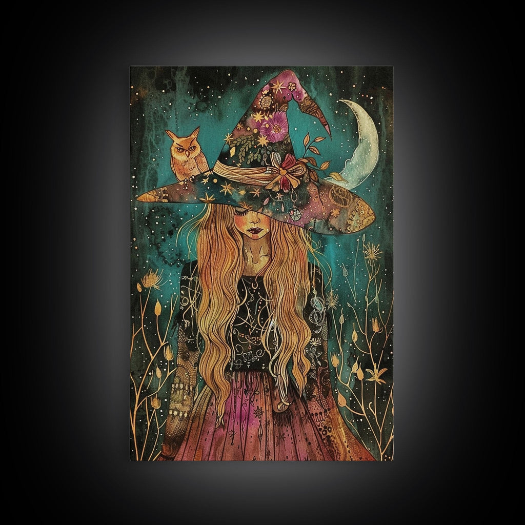 Witch with Black Cat and Moon - Halloween Art, Gothic Art, Spooky Decor, Dark Magic Art, Ominous Portrait, Moonlit Night Framed Canvas Print | | Wiccan Center