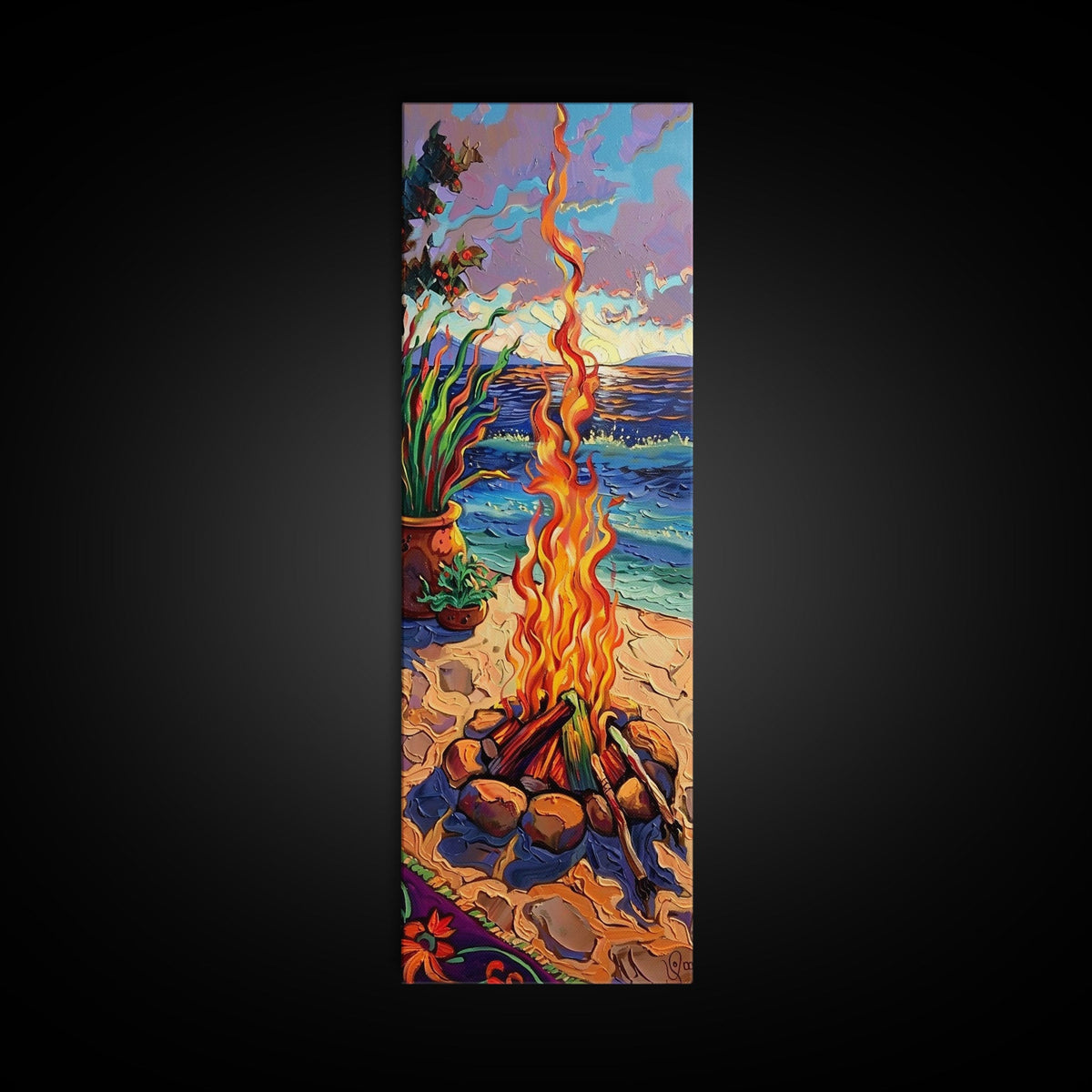 Abstract Canvas Painting of Campfire on Beach, Beachy Wall Art, Tall and Narrow Vertical Wall Art, Canvas Painting Printed and Framed | | Wiccan Center
