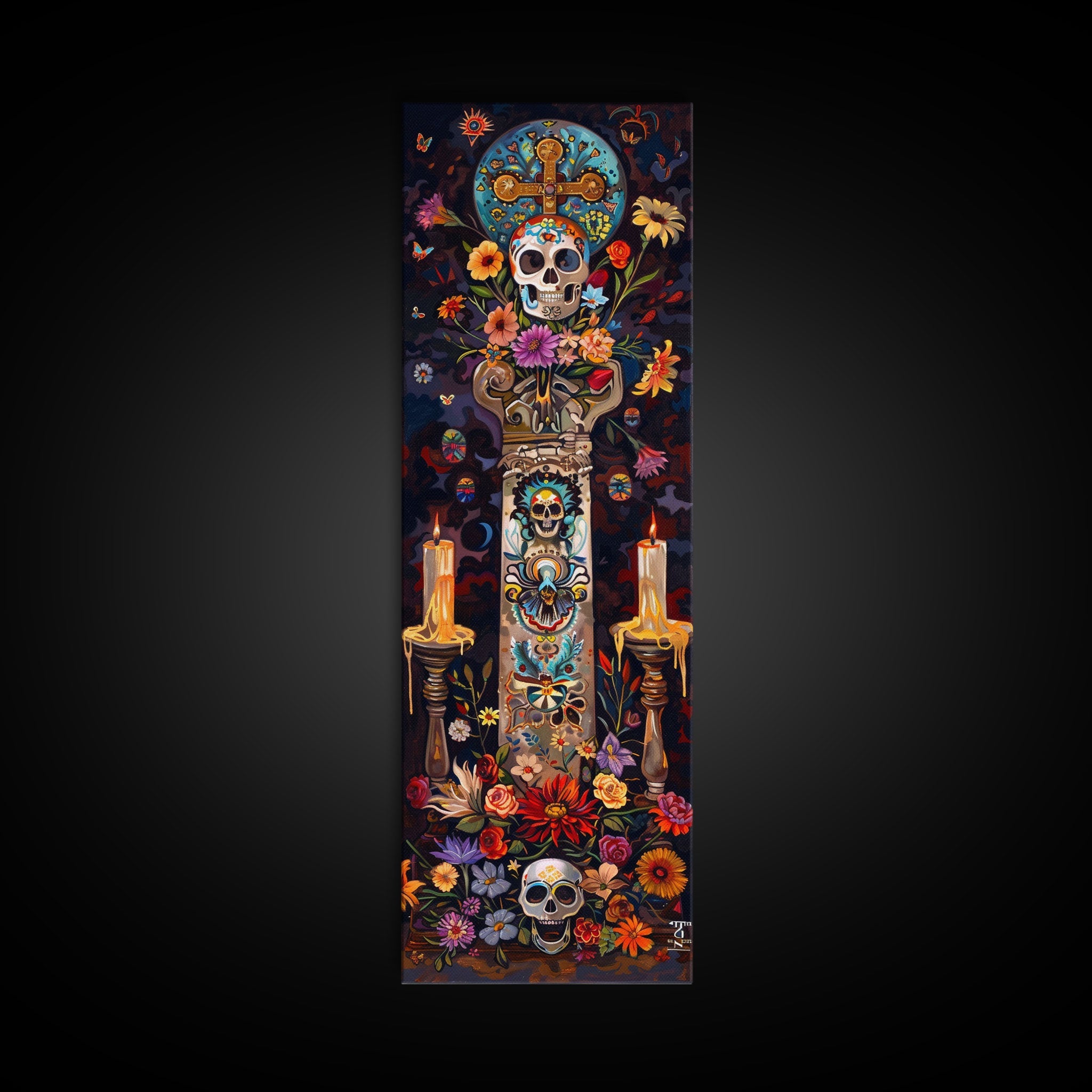 Dia De Los Muertos Sugar Skull Canvas Painting, Gothic Wall Art Print, Skinny Framed Canvas Art, Colorful Day of The Dead Poster Art