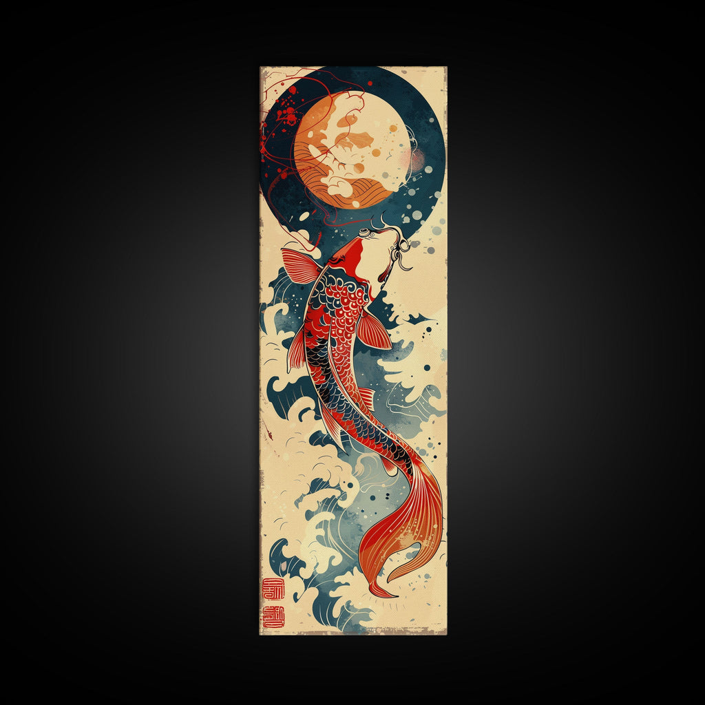 Vibrant Koi Fish Swimming Toward the Moon Skinny Art Ukiyo-e Tall Framed Canvas Print with Japanese Mythology Elements | | Wiccan Center