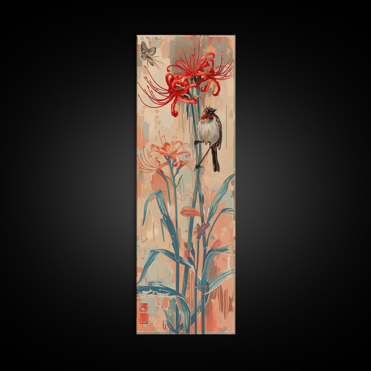 Bird Perched On Bright Red Lily Flower Skinny Art Tall Art Framed Canvas Print Japanese Style Art Ukiyo-e Art Wood Block Print Floral Detailed