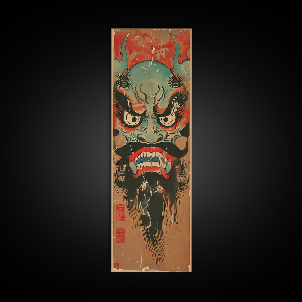 Traditional Japanese Demon Mask Art In Ukiyo-e Style Framed Canvas Print Tall Skinny Cultural Wood Block Wall Decor | | Wiccan Center
