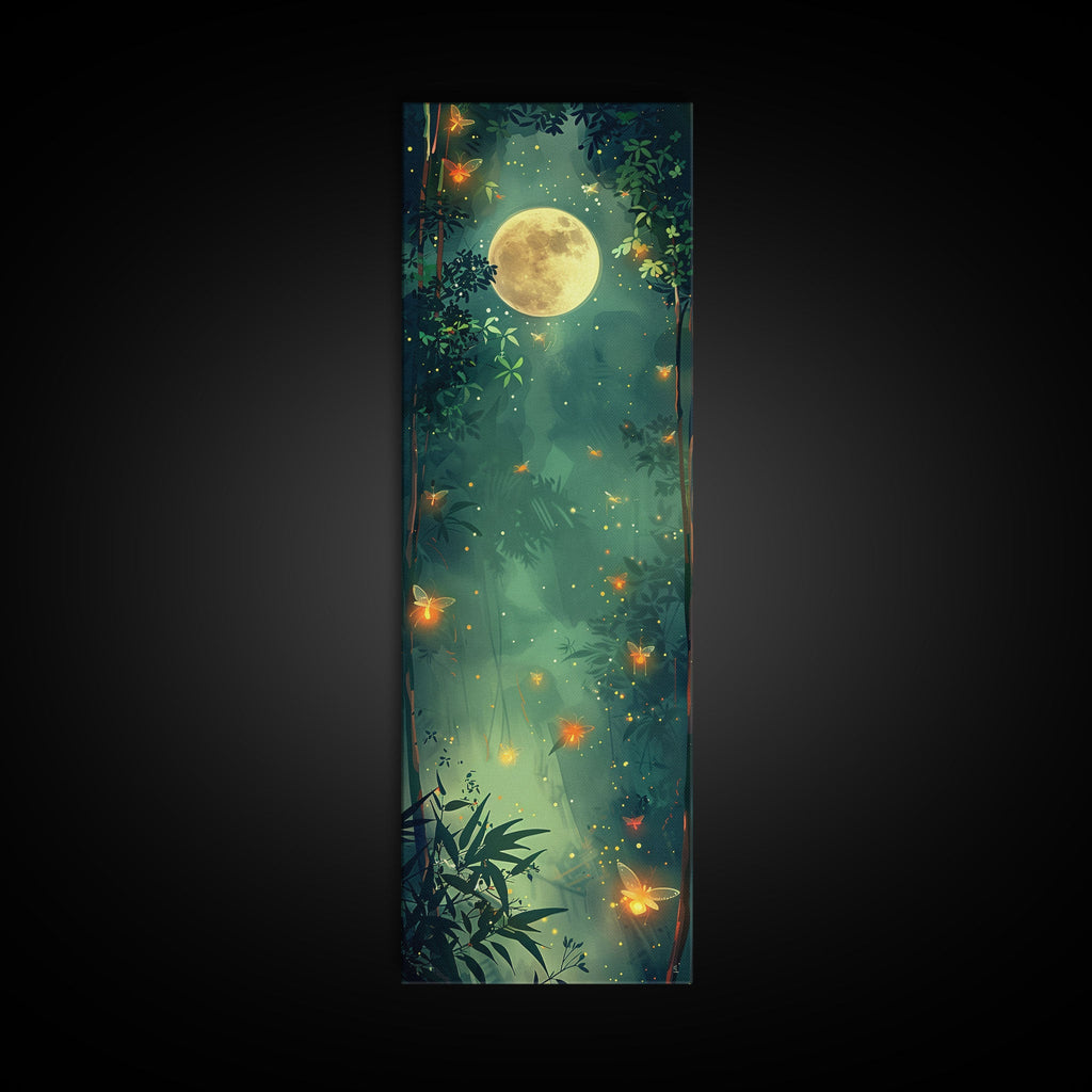 Enchanting Fireflies Illuminating Nighttime Forest Scene Under Full Moon Tall Framed Canvas Print Adding Magical Touch | | Wiccan Center