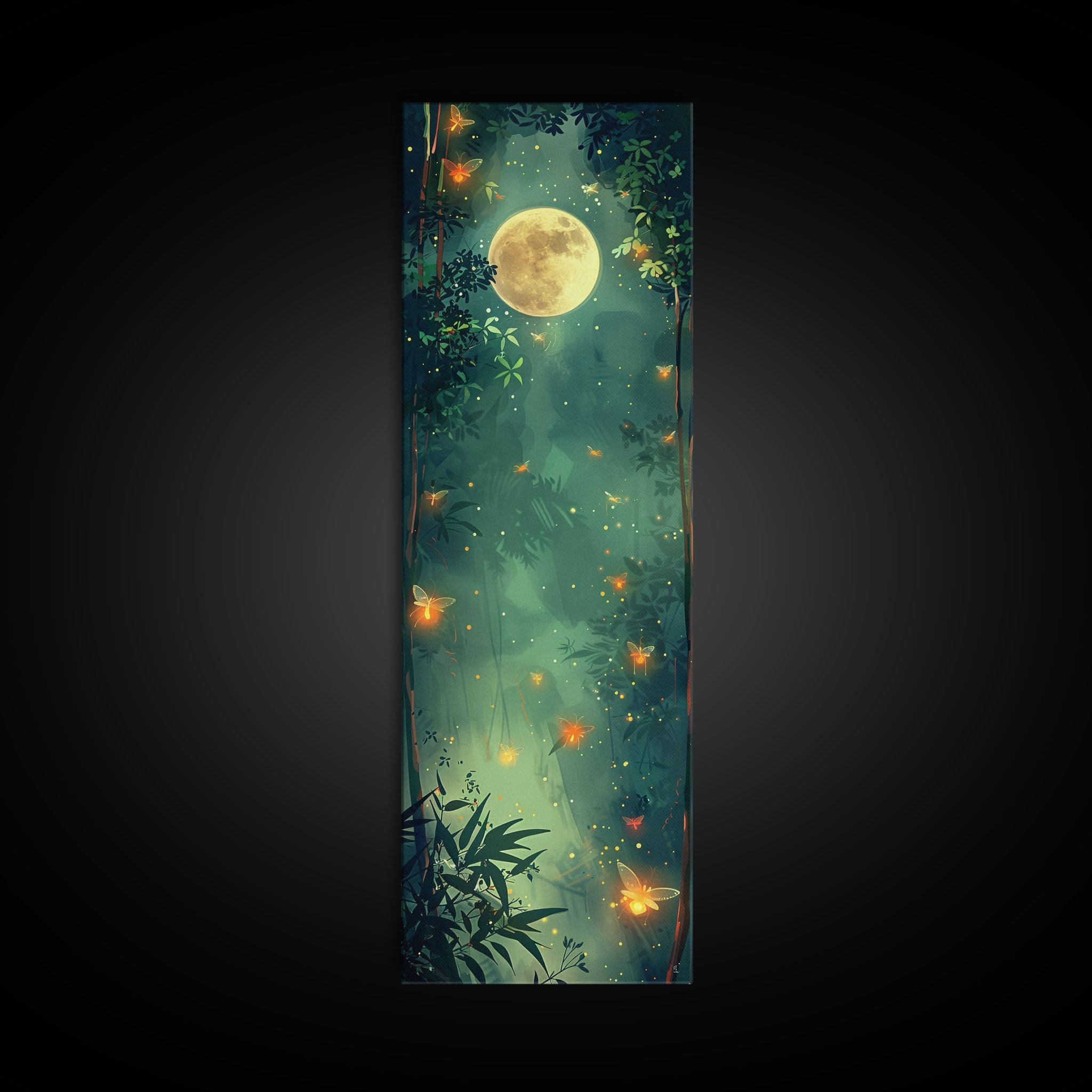 Enchanting Fireflies Illuminating Nighttime Forest Scene Under Full Moon Tall Framed Canvas Print Adding Magical Touch | | Wiccan Center