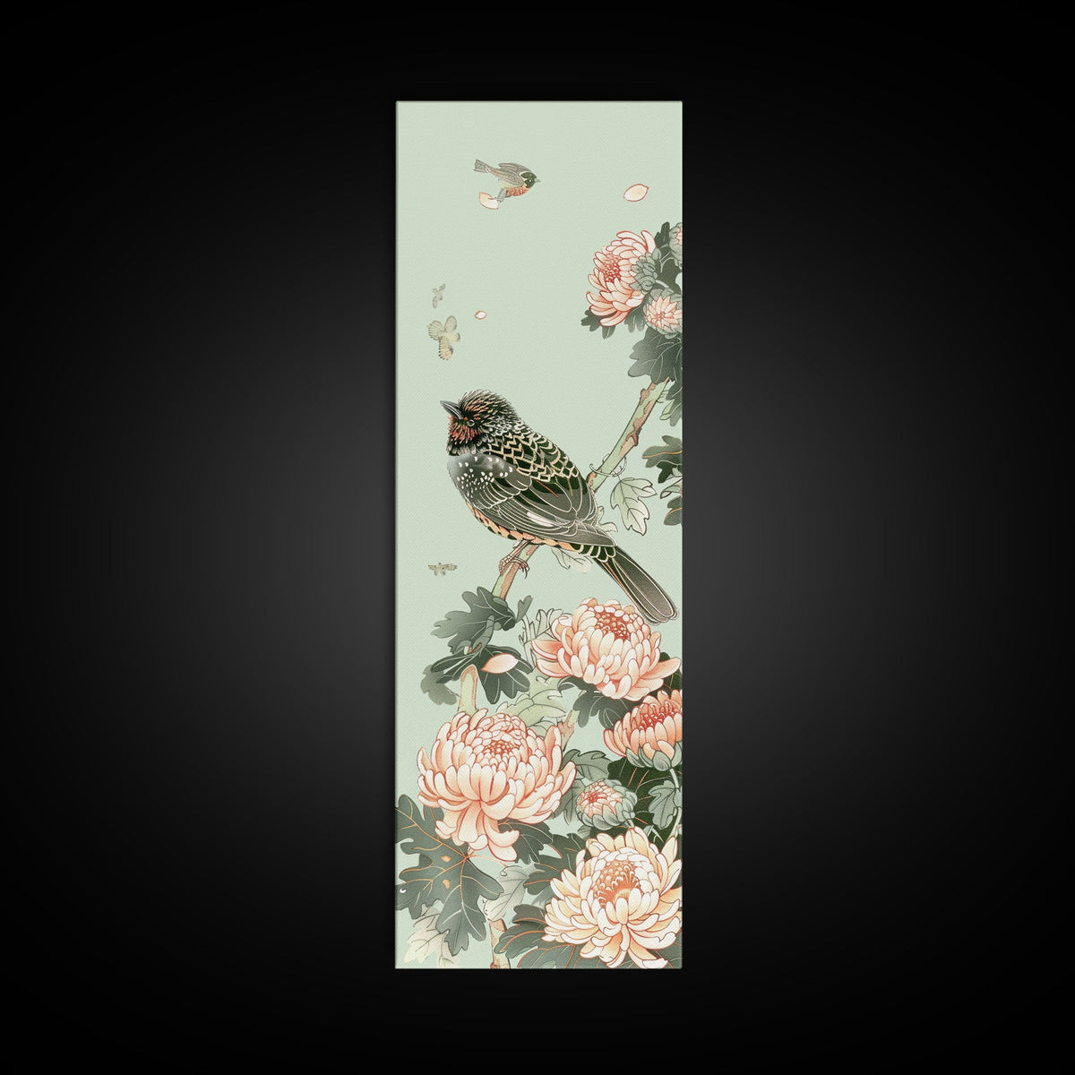 Japanese Style Art, Skinny Art, Tall Art, Birds And Chrysanthemums Wood Block Print Framed Canvas Print Ukiyo-e Art