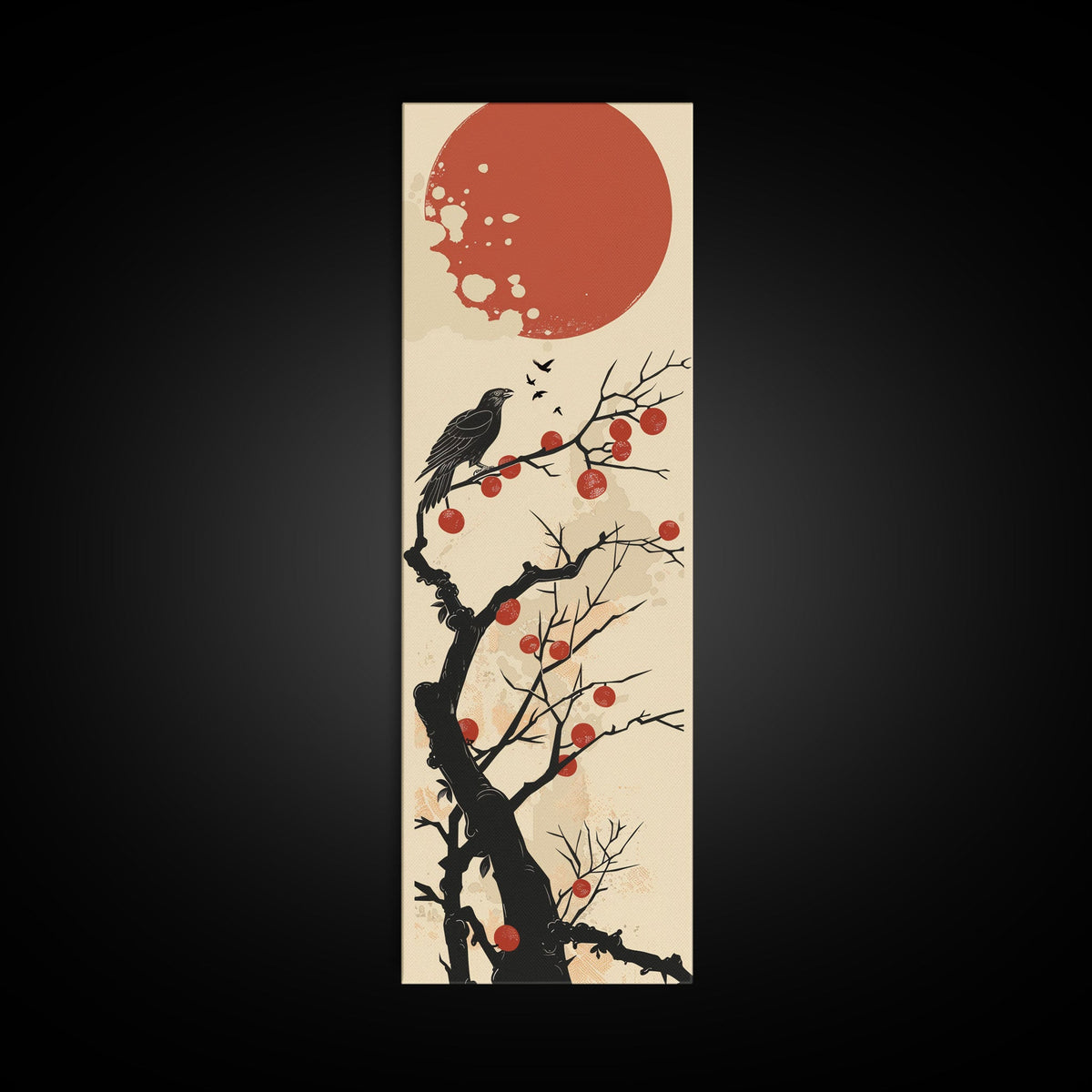 Blackbird Perched On A Branch Under The Red Sun In Japanese Style Ukiyo-e Art Framed Canvas Print Skinny Art Tall Art