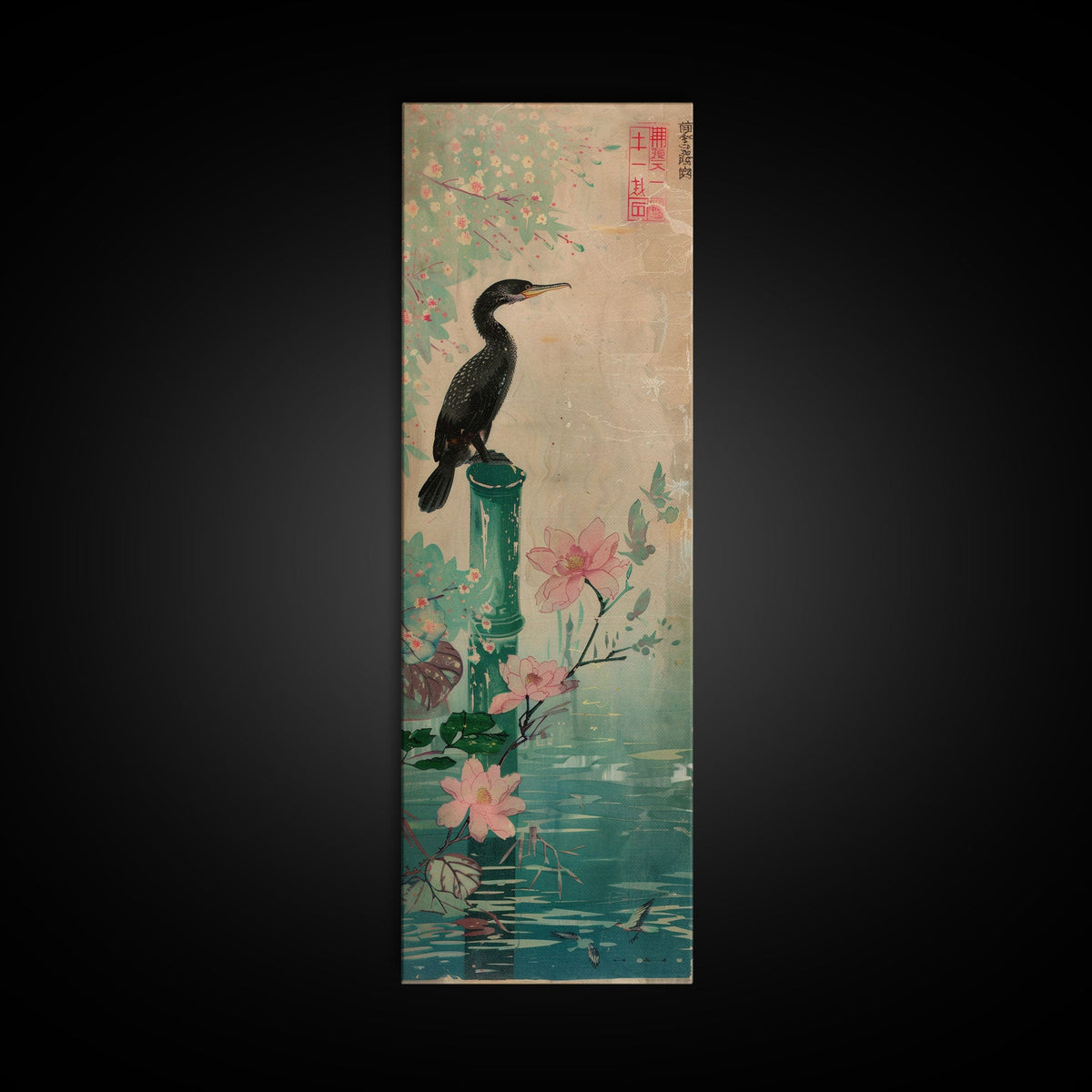 Tall Skinny Art Japanese Style Wood Block Print Bird Perched On Bamboo By A Pond With Flowers In Ukiyo-e Style For Framed Canvas Print