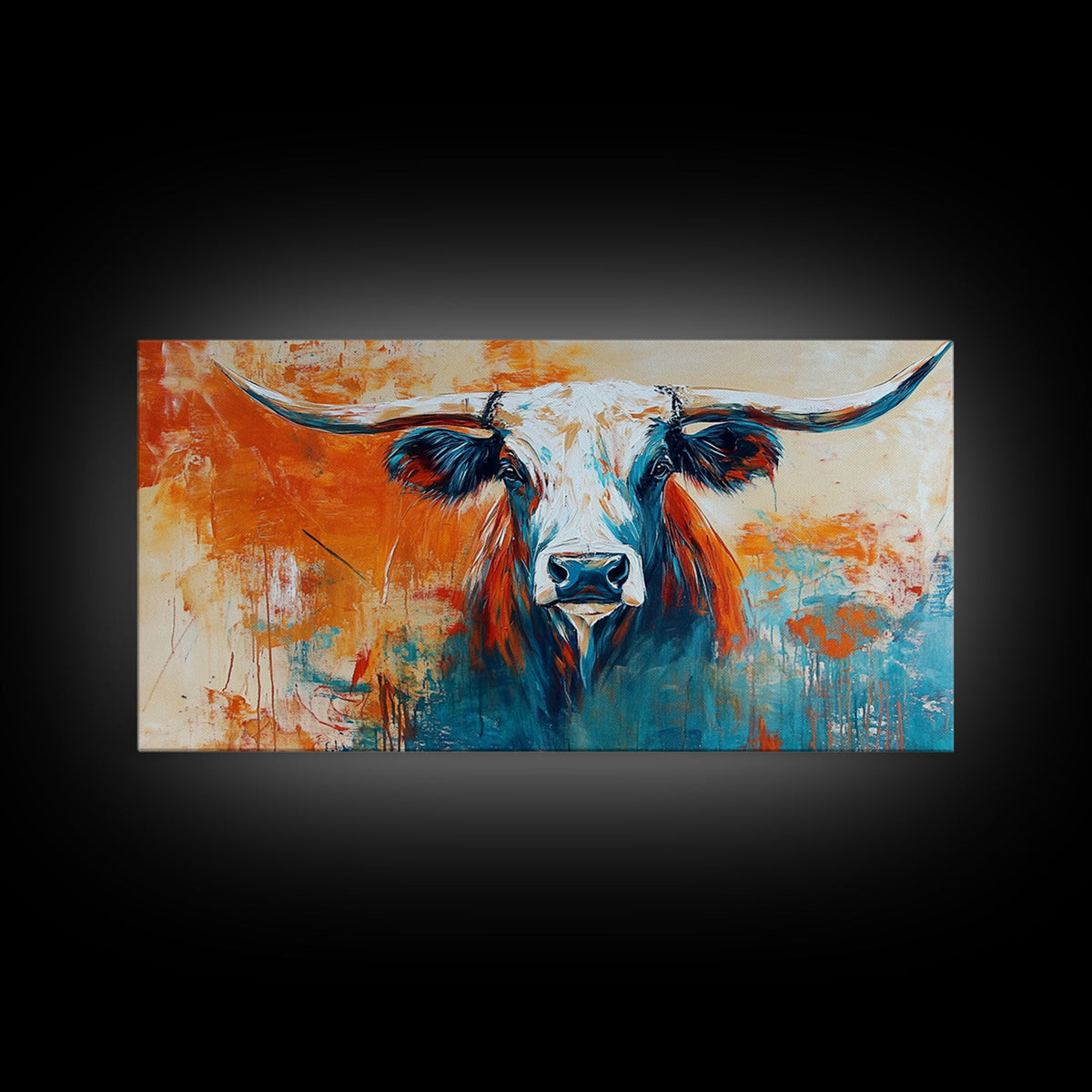 Longhorn Art, Rustic Decor, Farmhouse Art, Vintage Western Art, Southwest Wall Art, Animal Painting, Large Wall Art, Framed Canvas Print